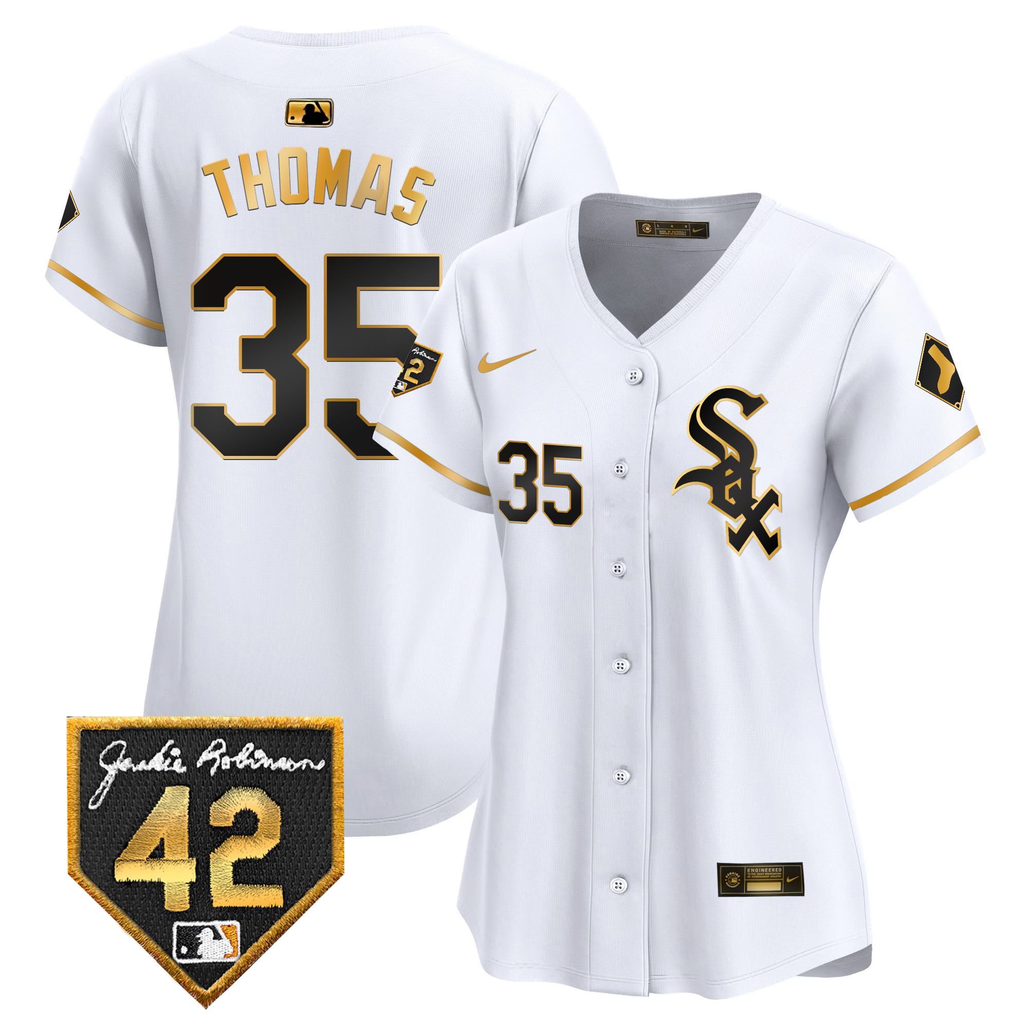 Frank Thomas Women's Chicago White Sox 2024 Jackie Robinson Patch Vapor Premier Limited White Gold Jersey - All Stitched