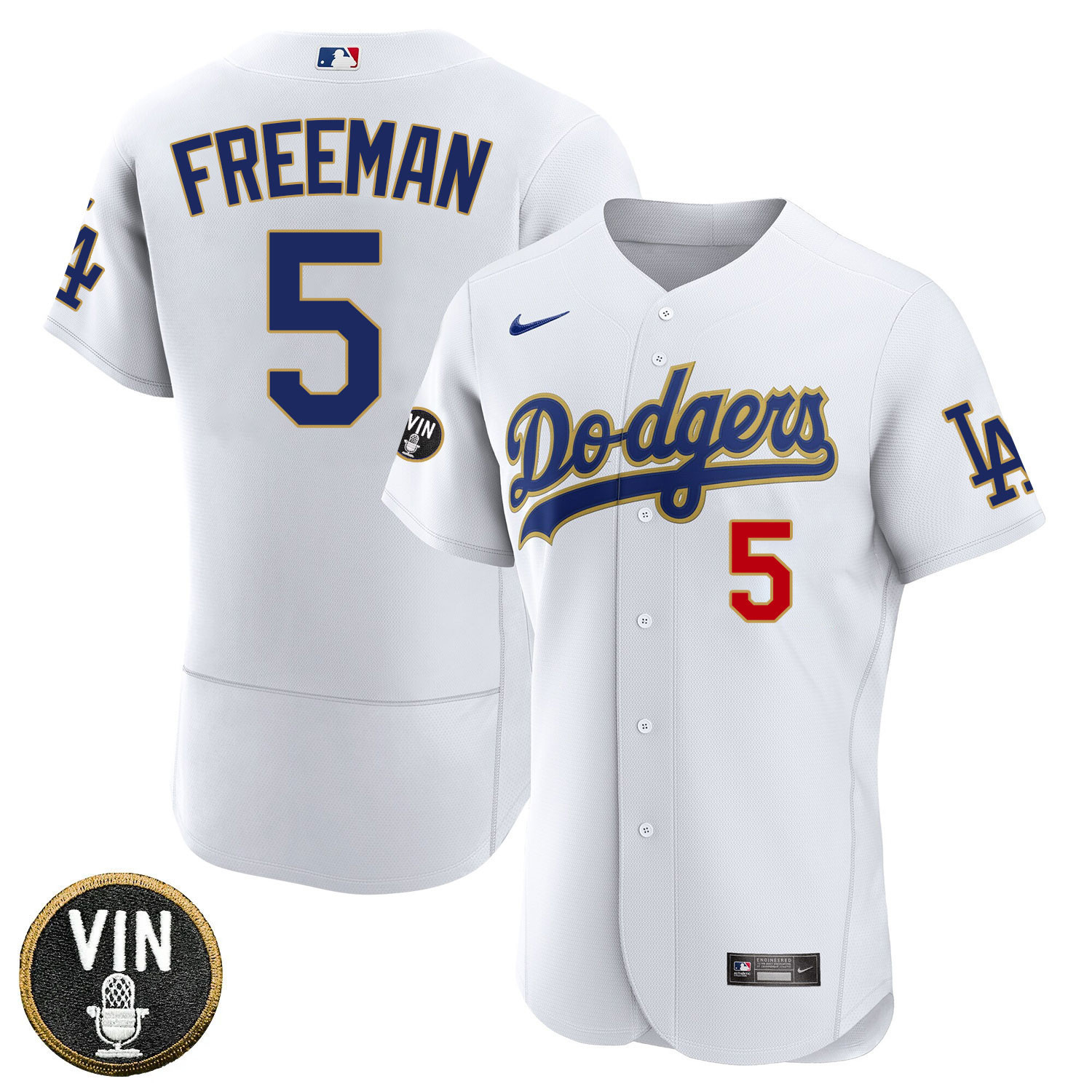 Freddie Freeman Los Angeles Dodgers Vin Scully Patch Gold Trim Player - White Jersey - All Stitched