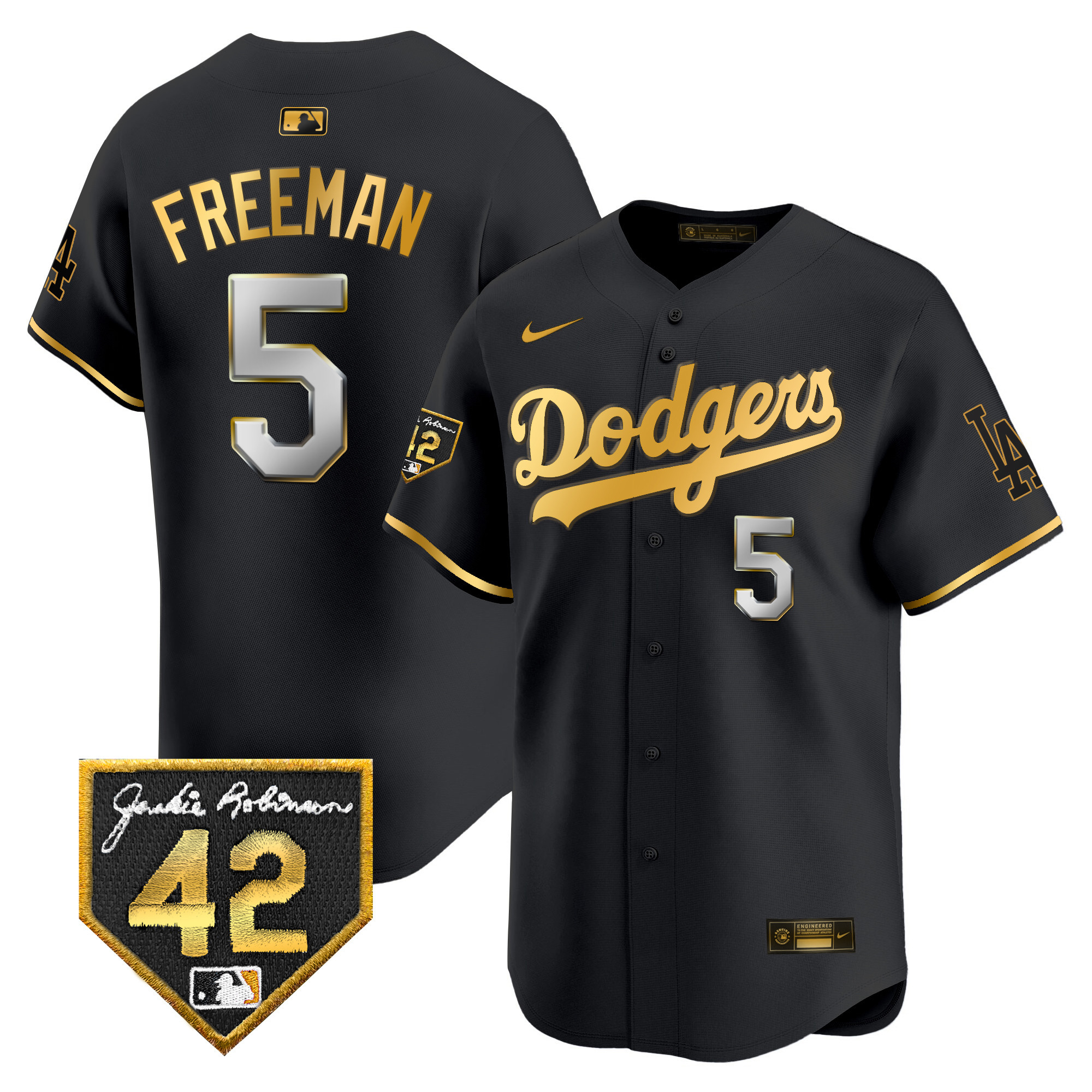 Freddie Freeman Men's Los Angeles Dodgers 2024 Jackie Robinson Patch Vapor Premier Limited Black Gold Jersey - All Stitched