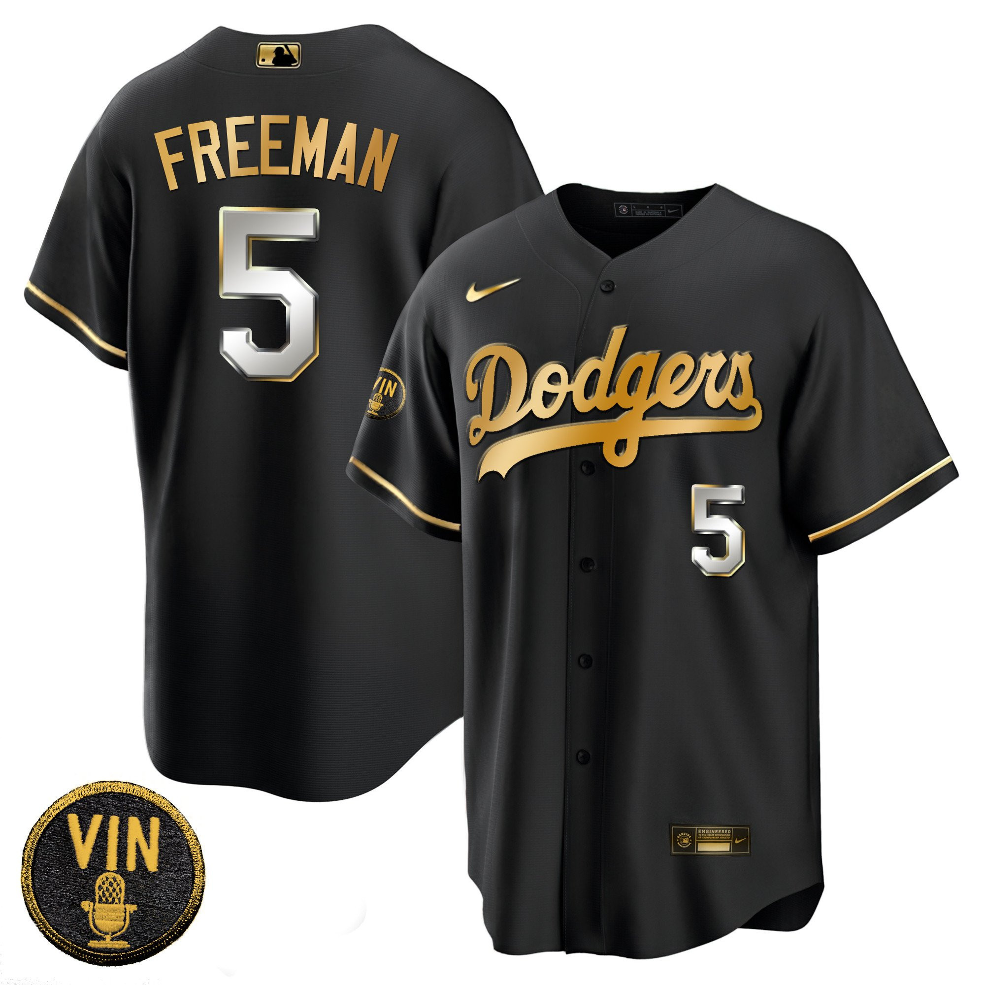Freddie Freeman Men's Los Angeles Dodgers Black Limited Vin Scully Patch Gold Cool Black Limited Jersey - All Stitched