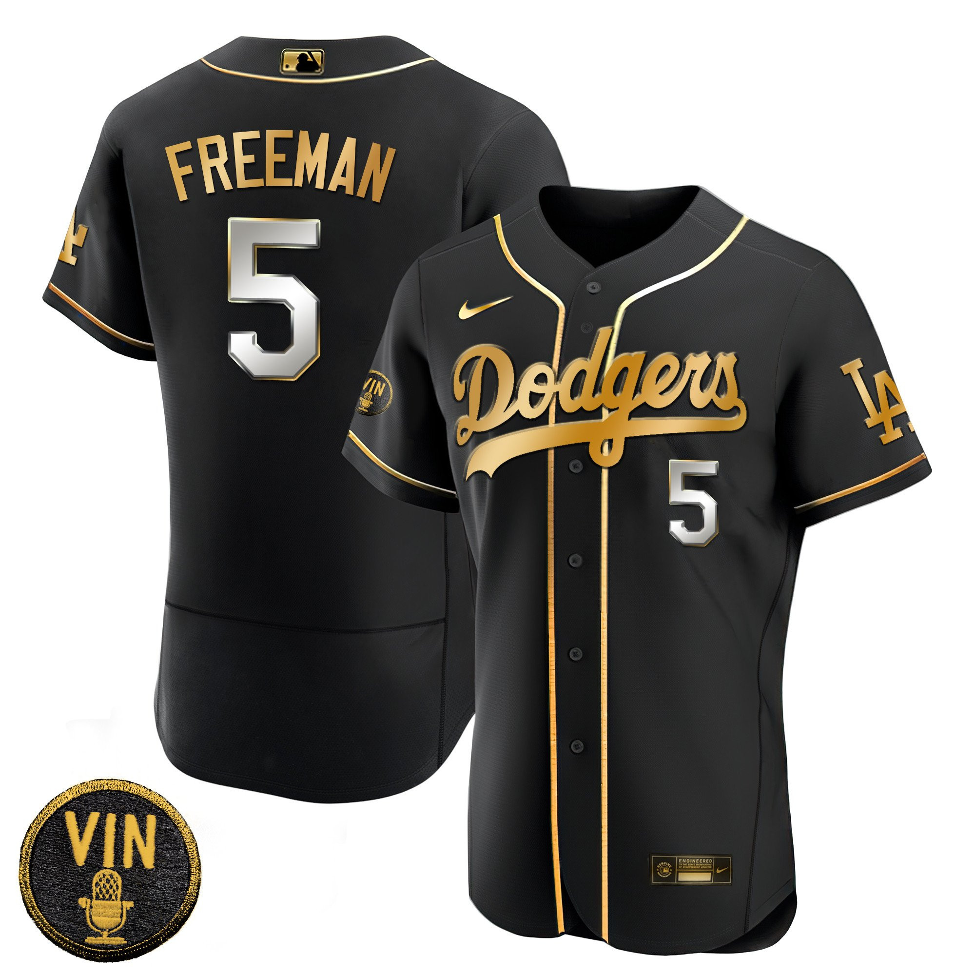Freddie Freeman Men's Los Angeles Dodgers Black Limited Vin Scully Patch Gold Flex Black Limited Jersey - All Stitched