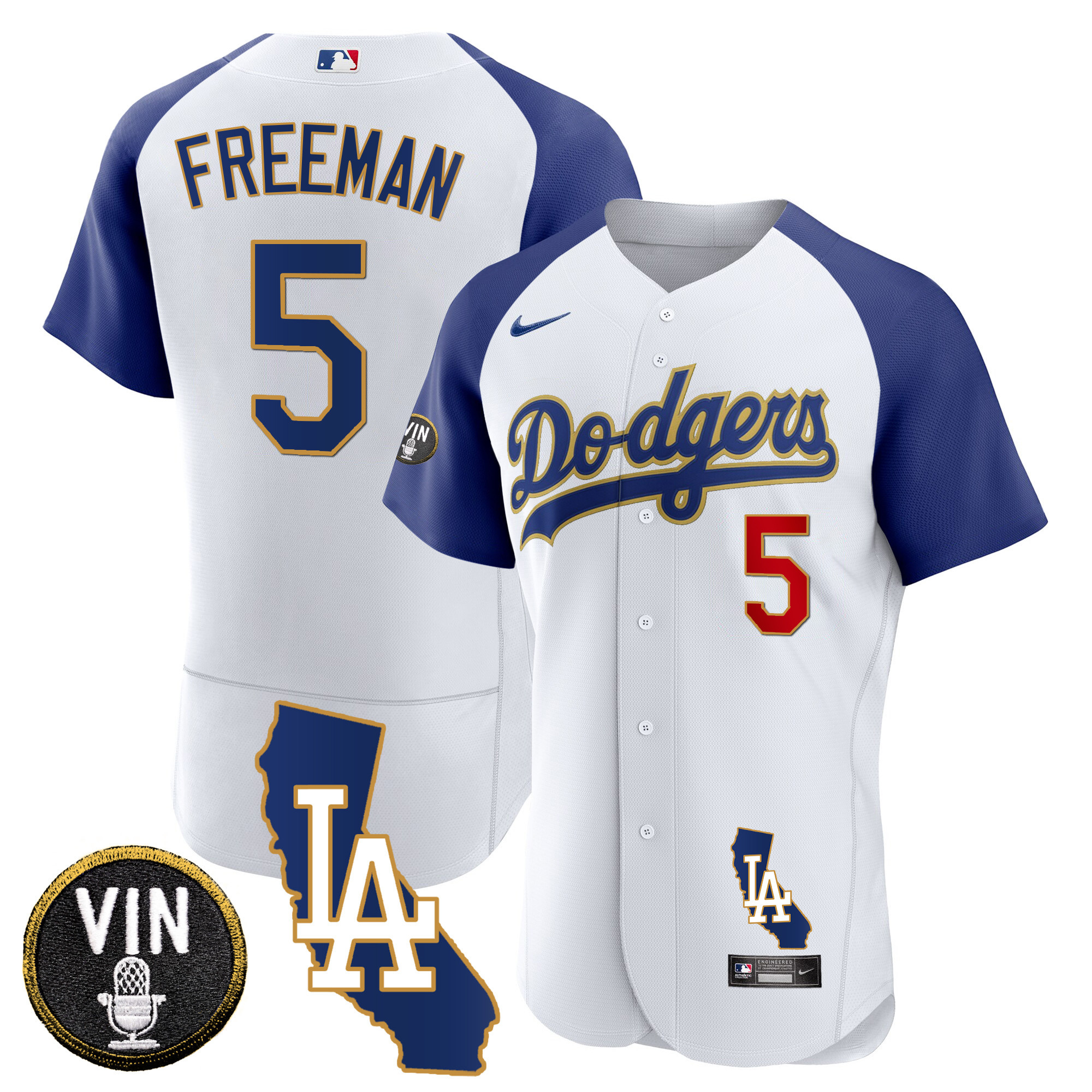 Freddie Freeman Men's Los Angeles Dodgers California Patch Gold Trim Flex Base Alternate White Jersey - All Stitched