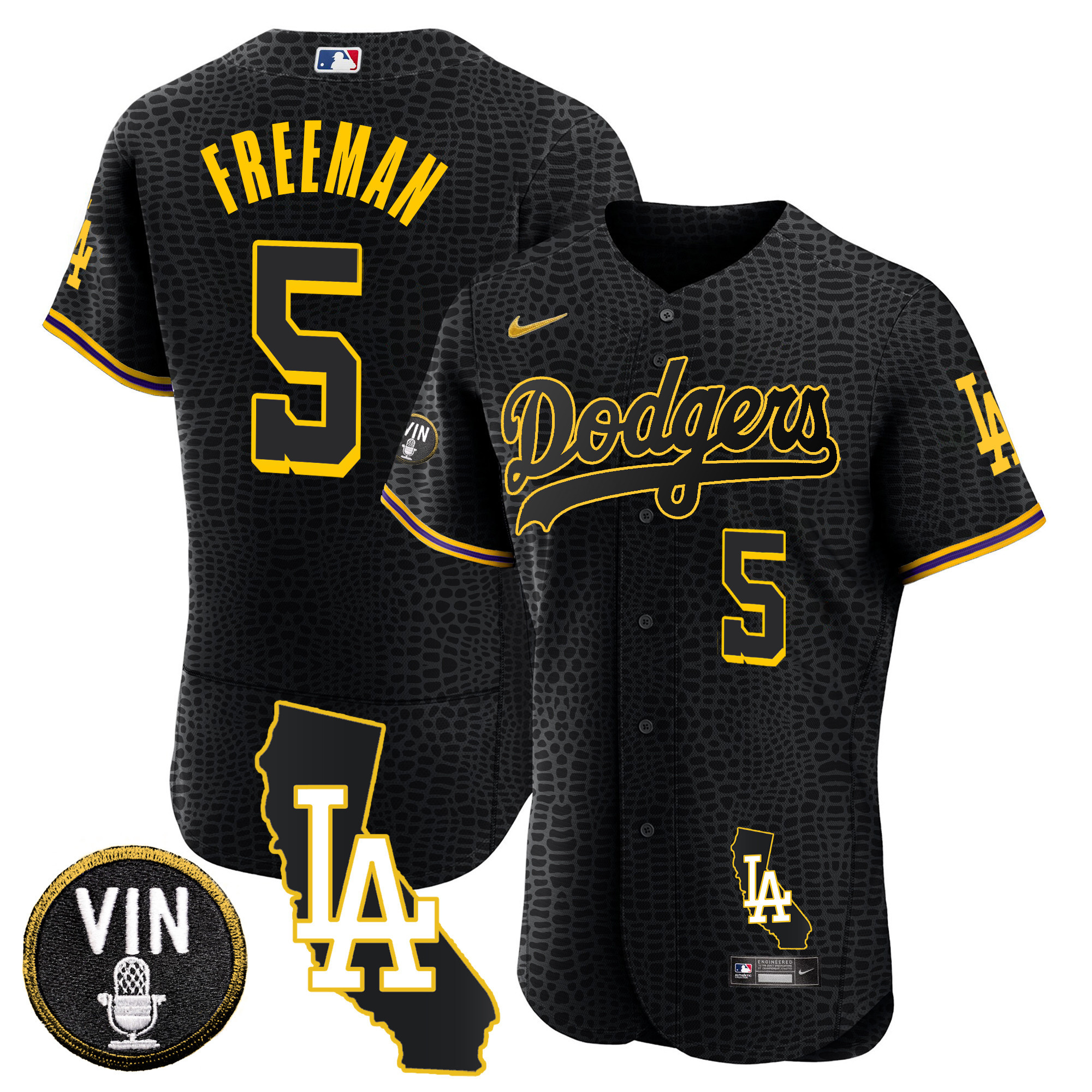 Freddie Freeman Men's Los Angeles Dodgers California Patch Gold Trim Flex Base Black Mamba Jersey - All Stitched
