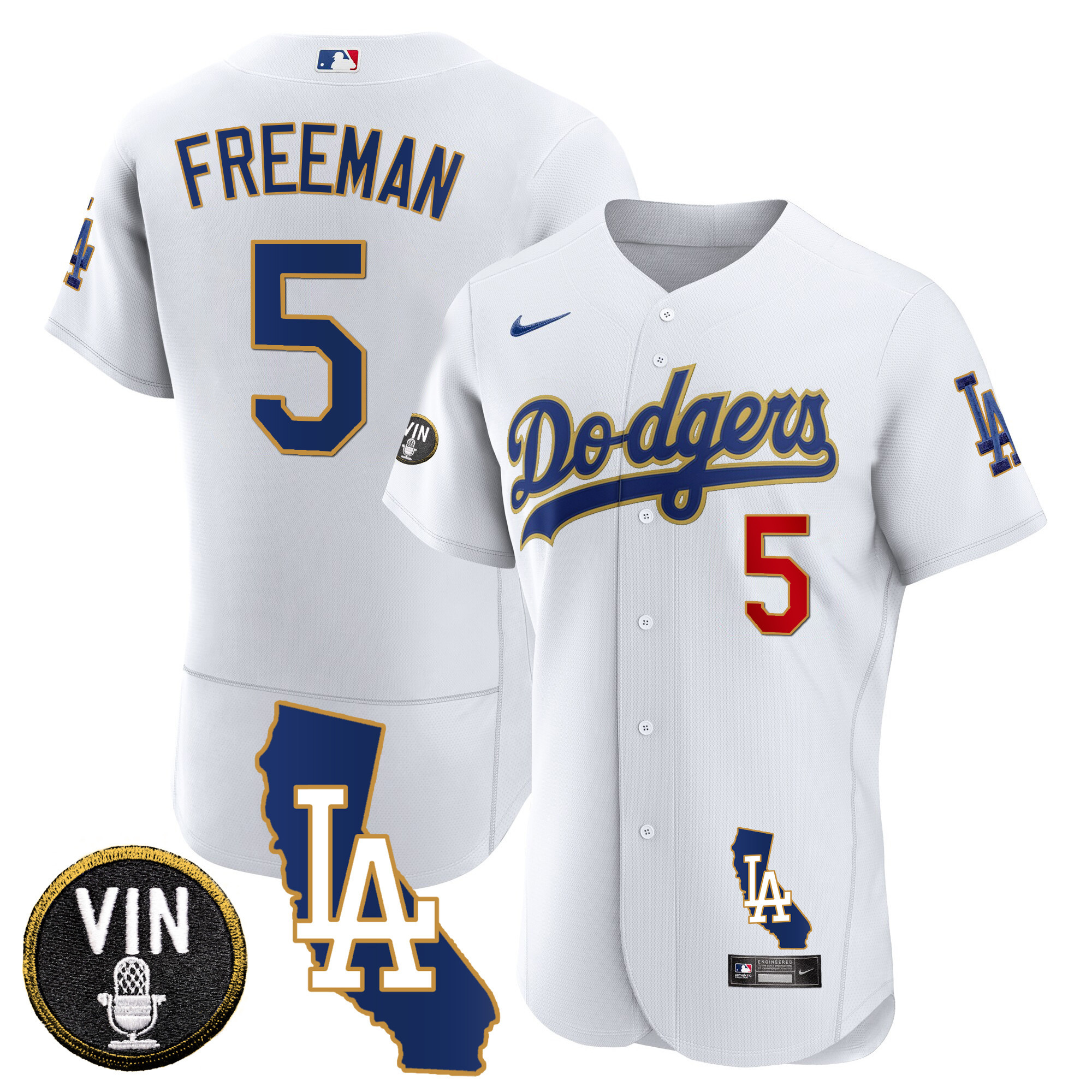 Freddie Freeman Men's Los Angeles Dodgers California Patch Gold Trim Flex Base White Jersey - All Stitched