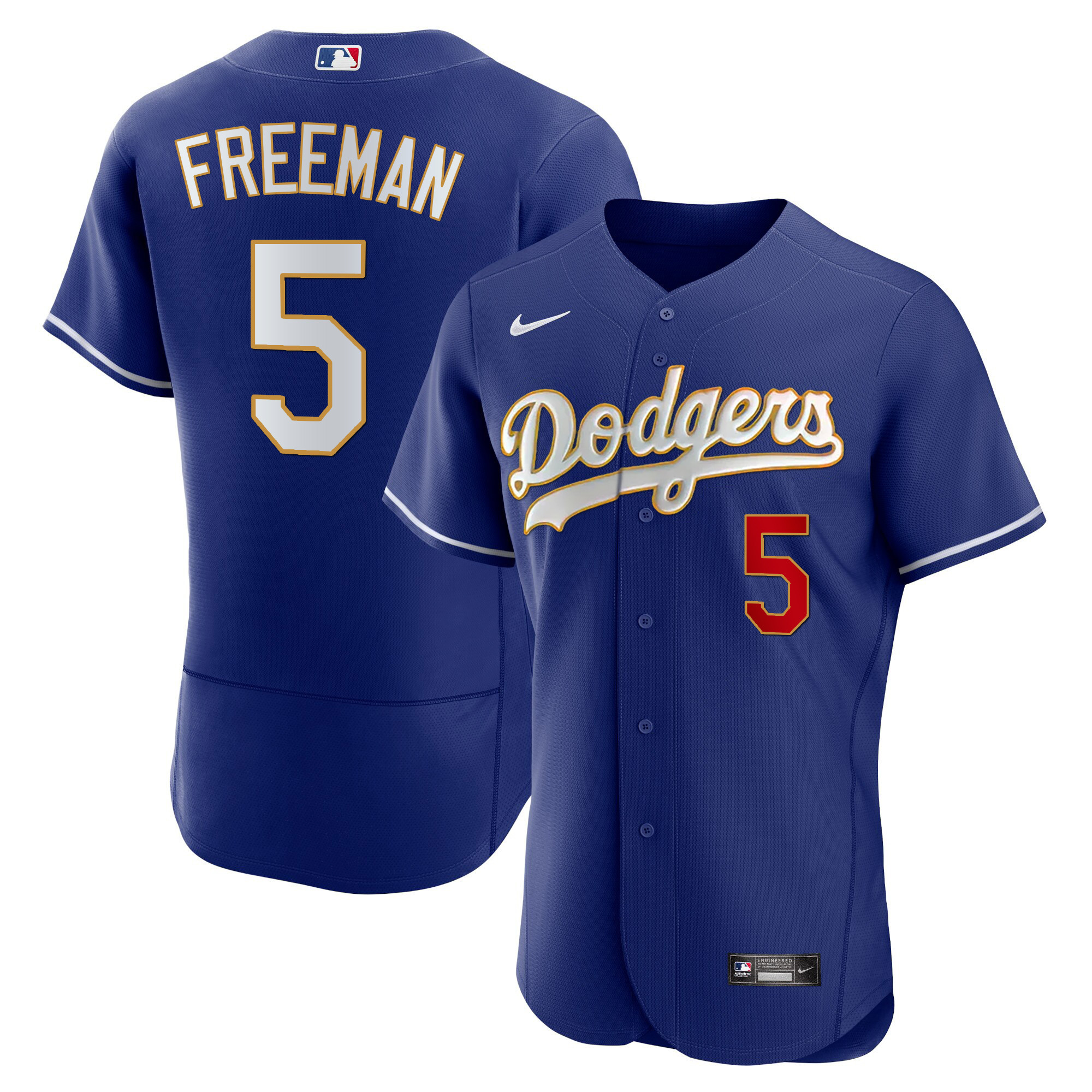 Freddie Freeman Men's Los Angeles Dodgers Gold Trim Flex Base Royal Jersey - All Stitched