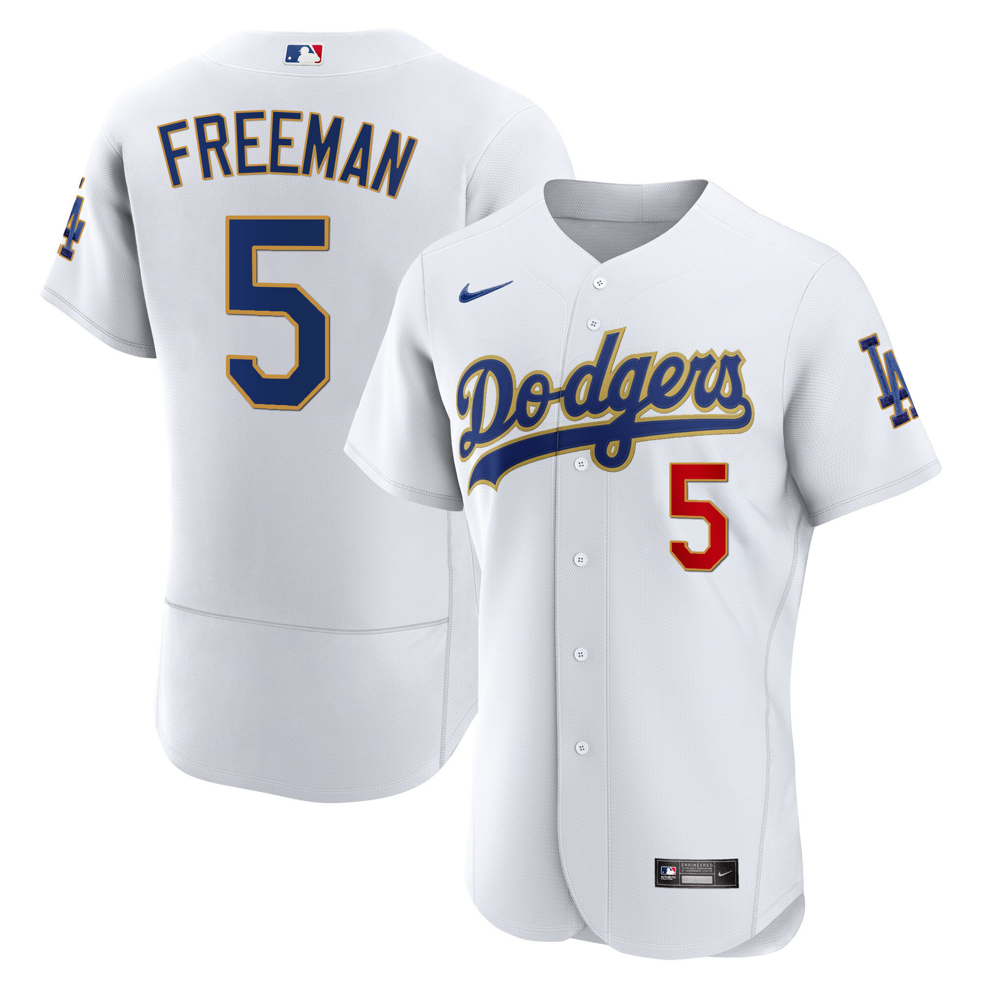 Freddie Freeman Men's Los Angeles Dodgers Gold Trim Flex Base White Jersey - All Stitched