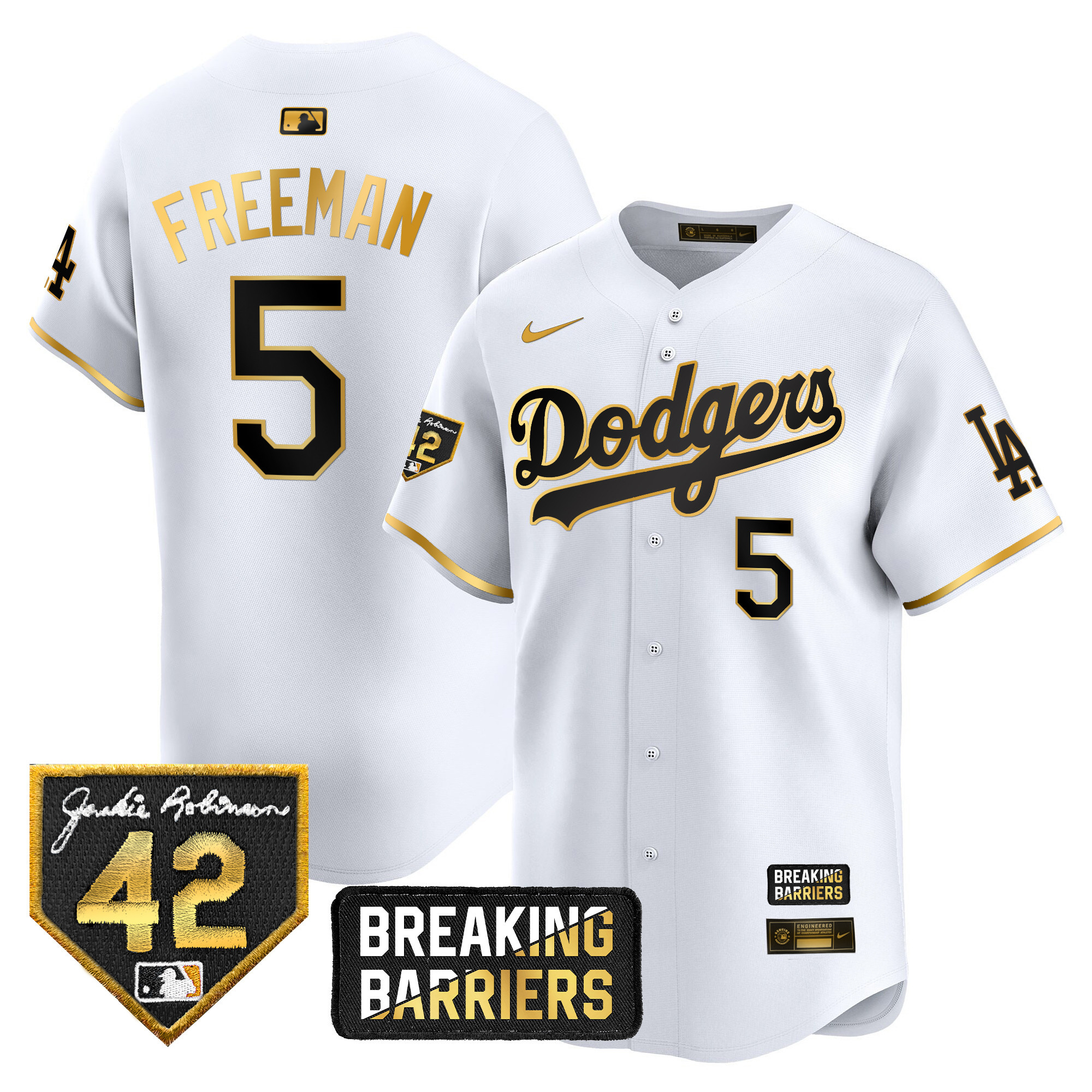 Freddie Freeman Men's Los Angeles Dodgers Jackie Robinson Breaking Barriers Patch Vapor Premier Limited White Gold Jersey - All Stitched