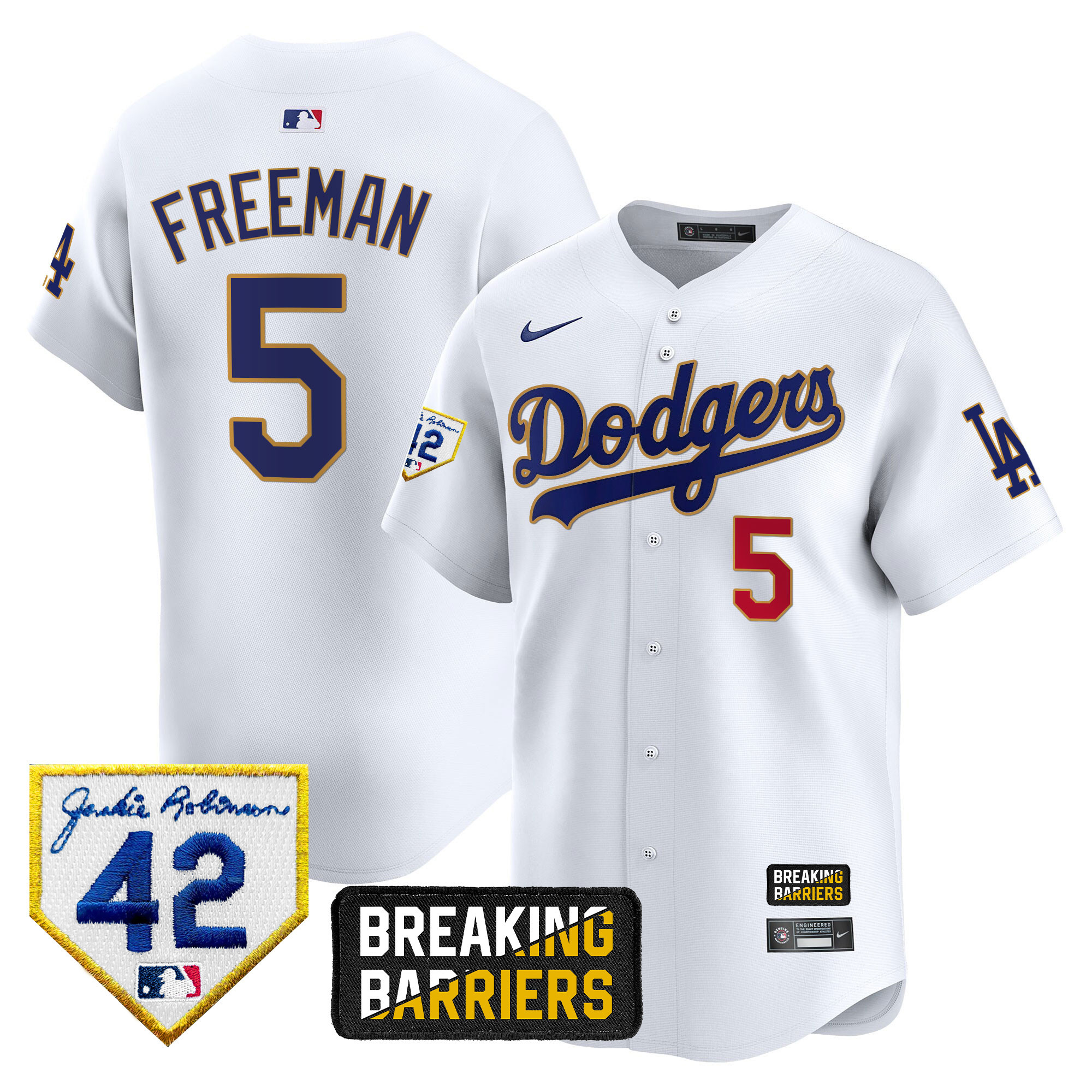 Freddie Freeman Men's Los Angeles Dodgers Jackie Robinson Breaking Barriers Patch Vapor Premier Limited White Jersey - All Stitched