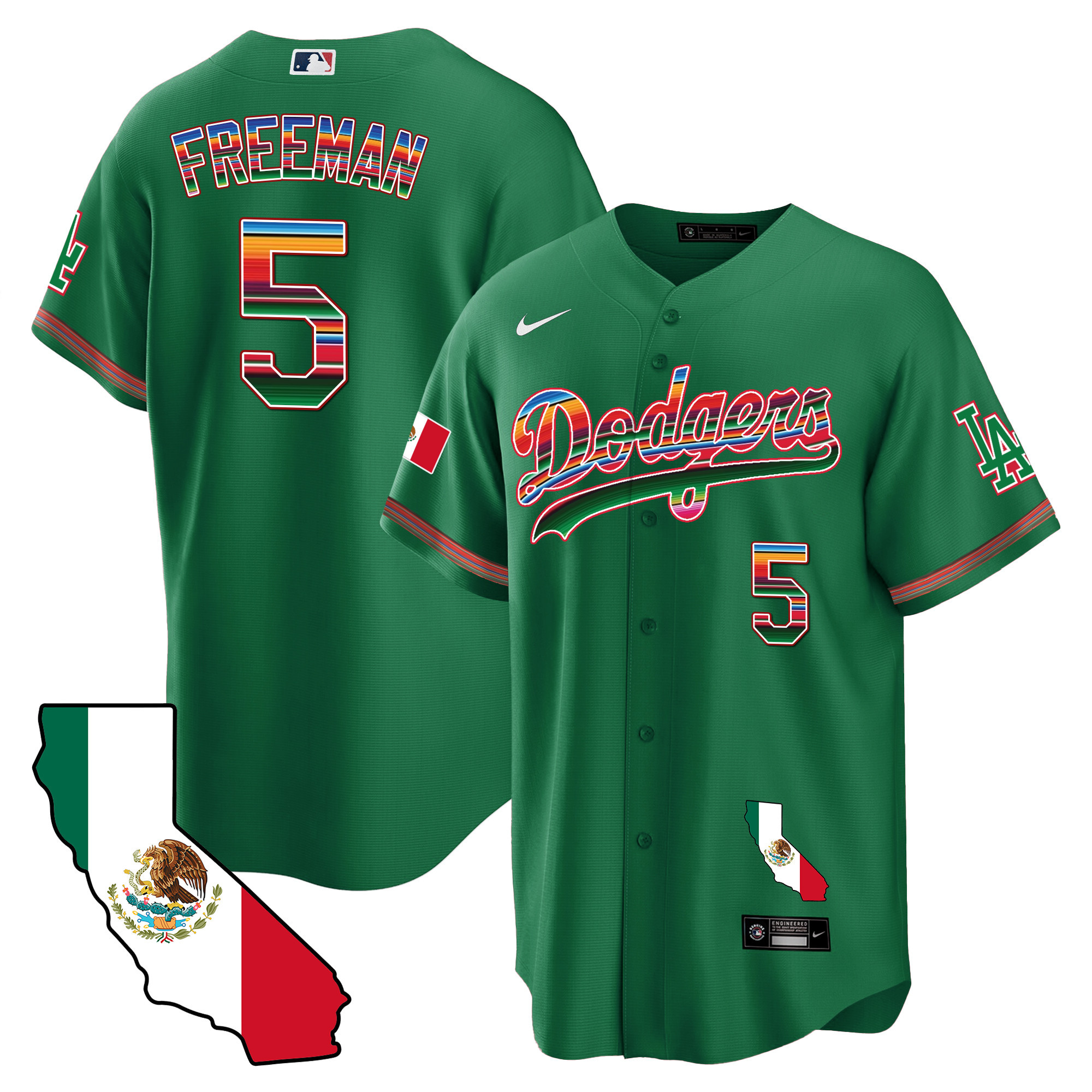 Freddie Freeman Men's Los Angeles Dodgers Mexico California Map Cool Base Green Jersey - All Stitched