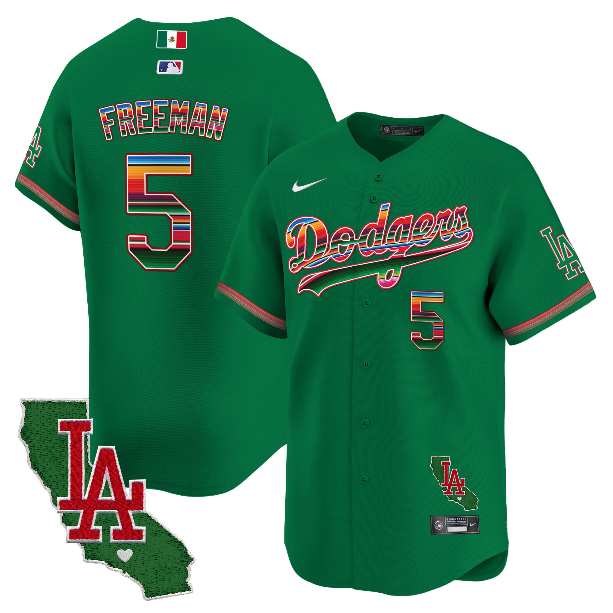 Freddie Freeman Men's Los Angeles Dodgers Mexico California Patch Vapor Premier Limited V2 Green Jersey - All Stitched