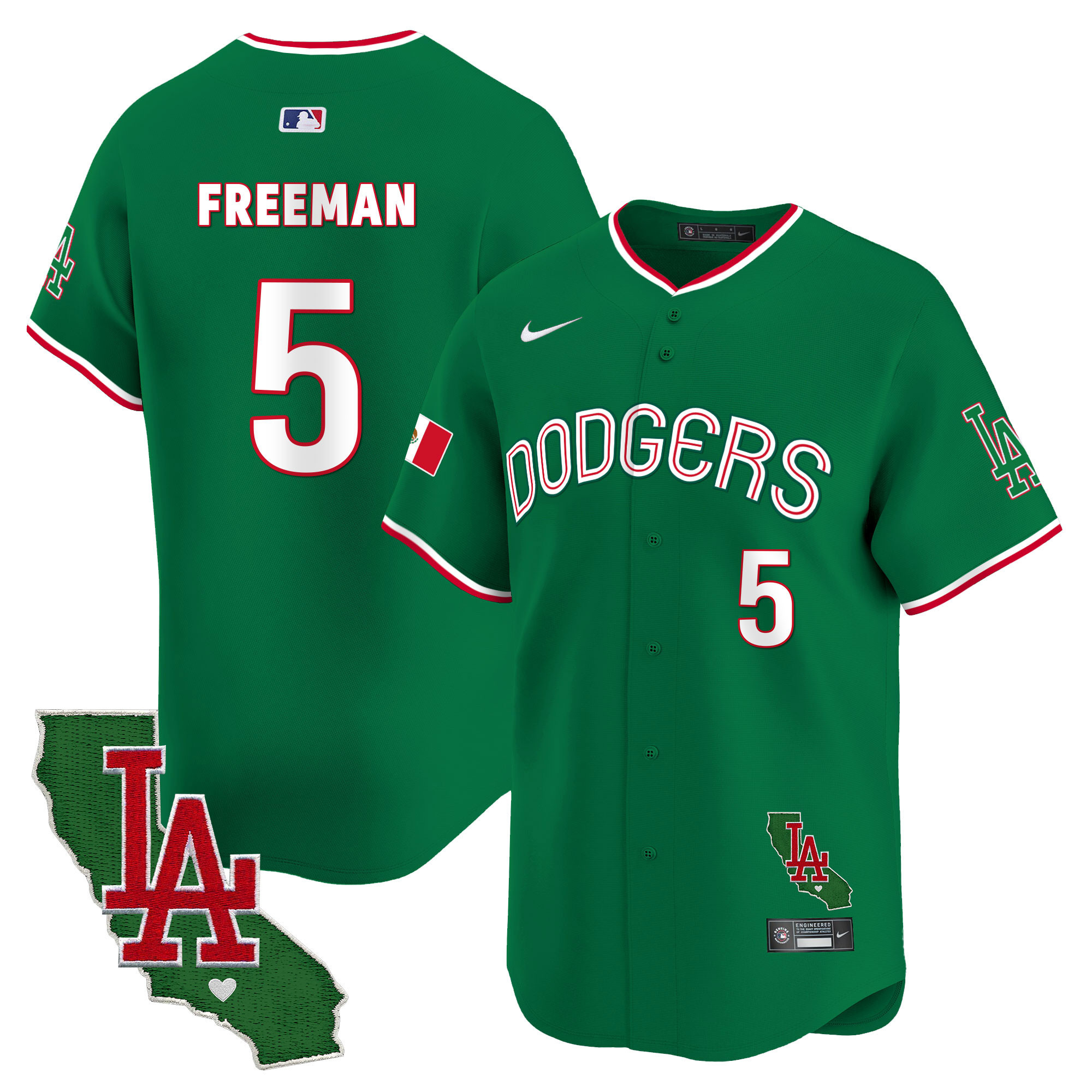 Freddie Freeman Men's Los Angeles Dodgers Mexico California Patch Vapor Premier Limited V3 Green Jersey - All Stitched