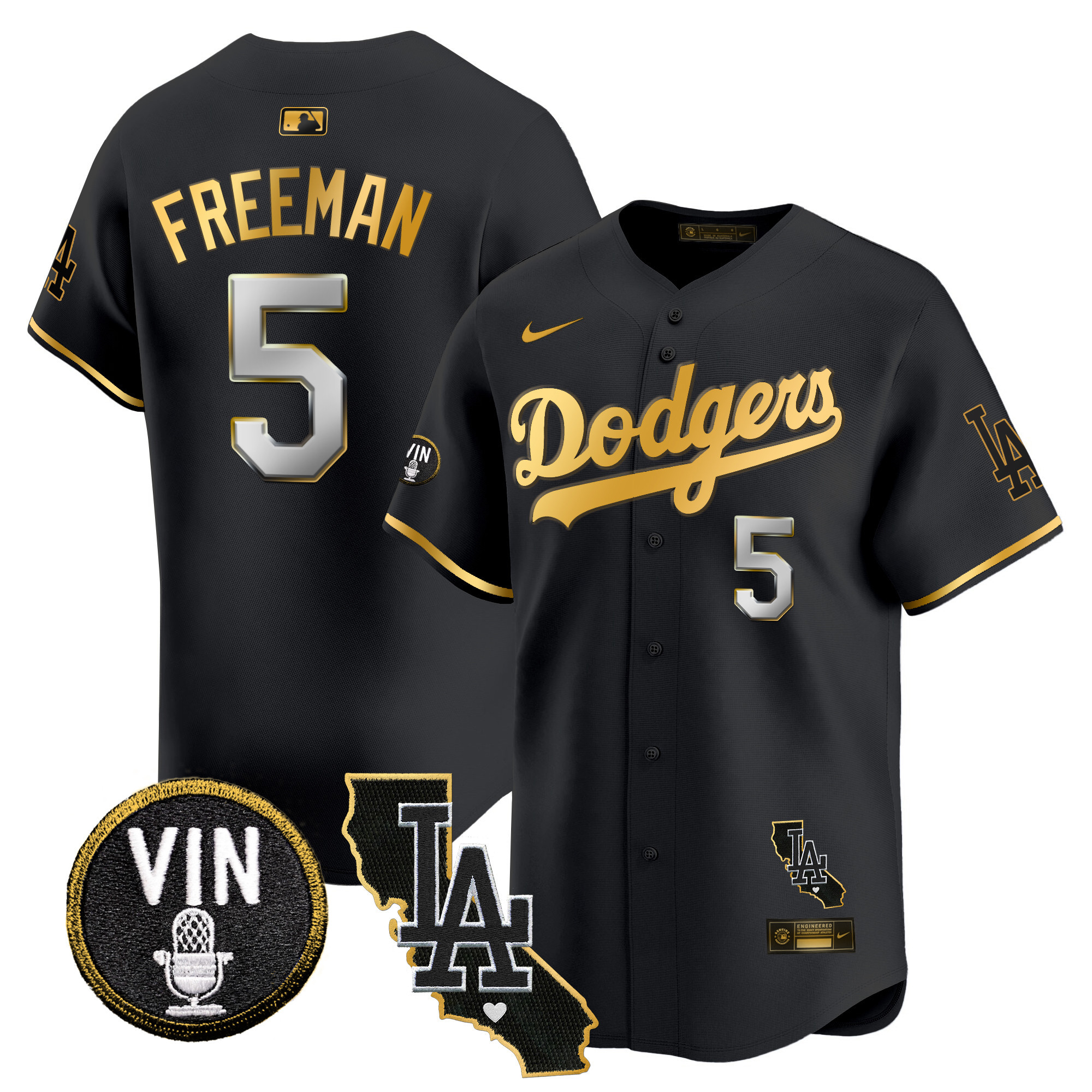 Freddie Freeman Men's Los Angeles Dodgers Vin & California Patch Gold Trim Vapor Premier Limited Black Gold Jersey - All Stitched