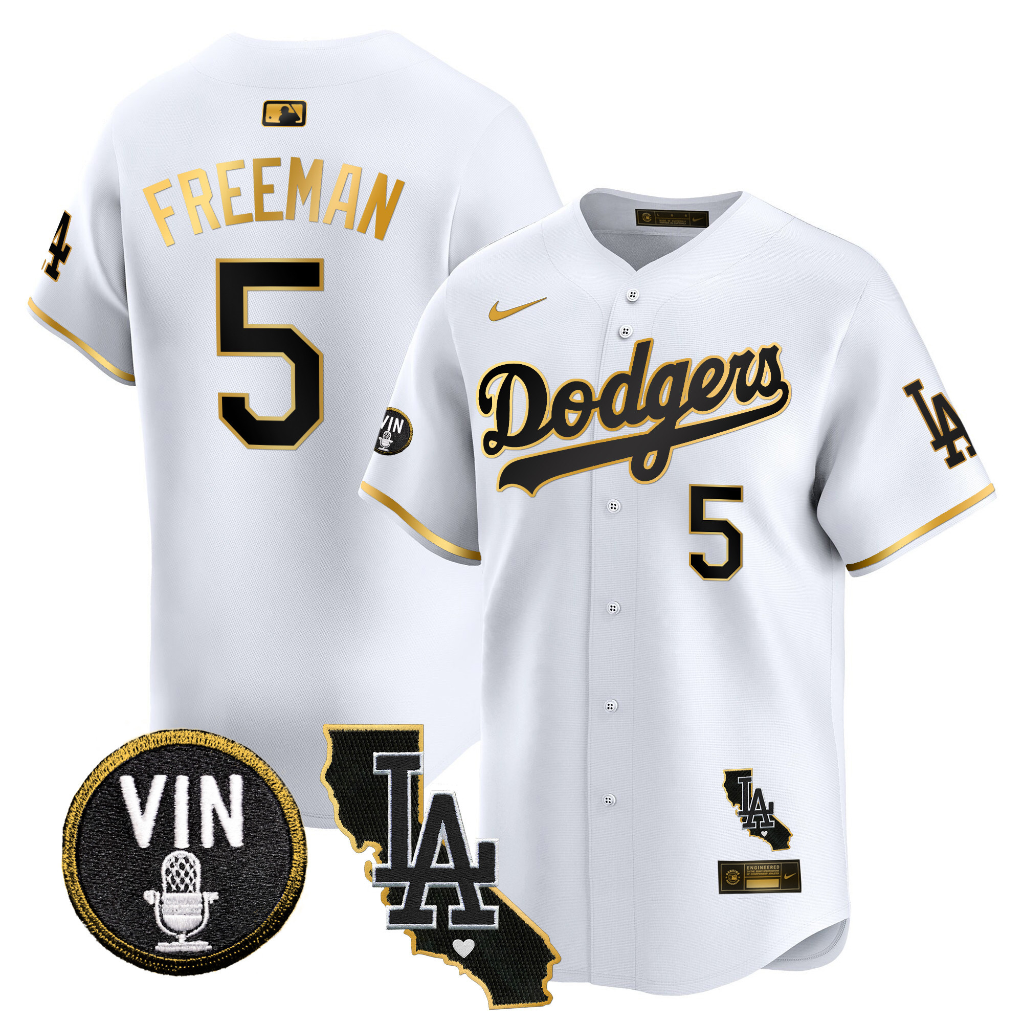 Freddie Freeman Men's Los Angeles Dodgers Vin & California Patch Gold Trim Vapor Premier Limited White Gold Jersey - All Stitched