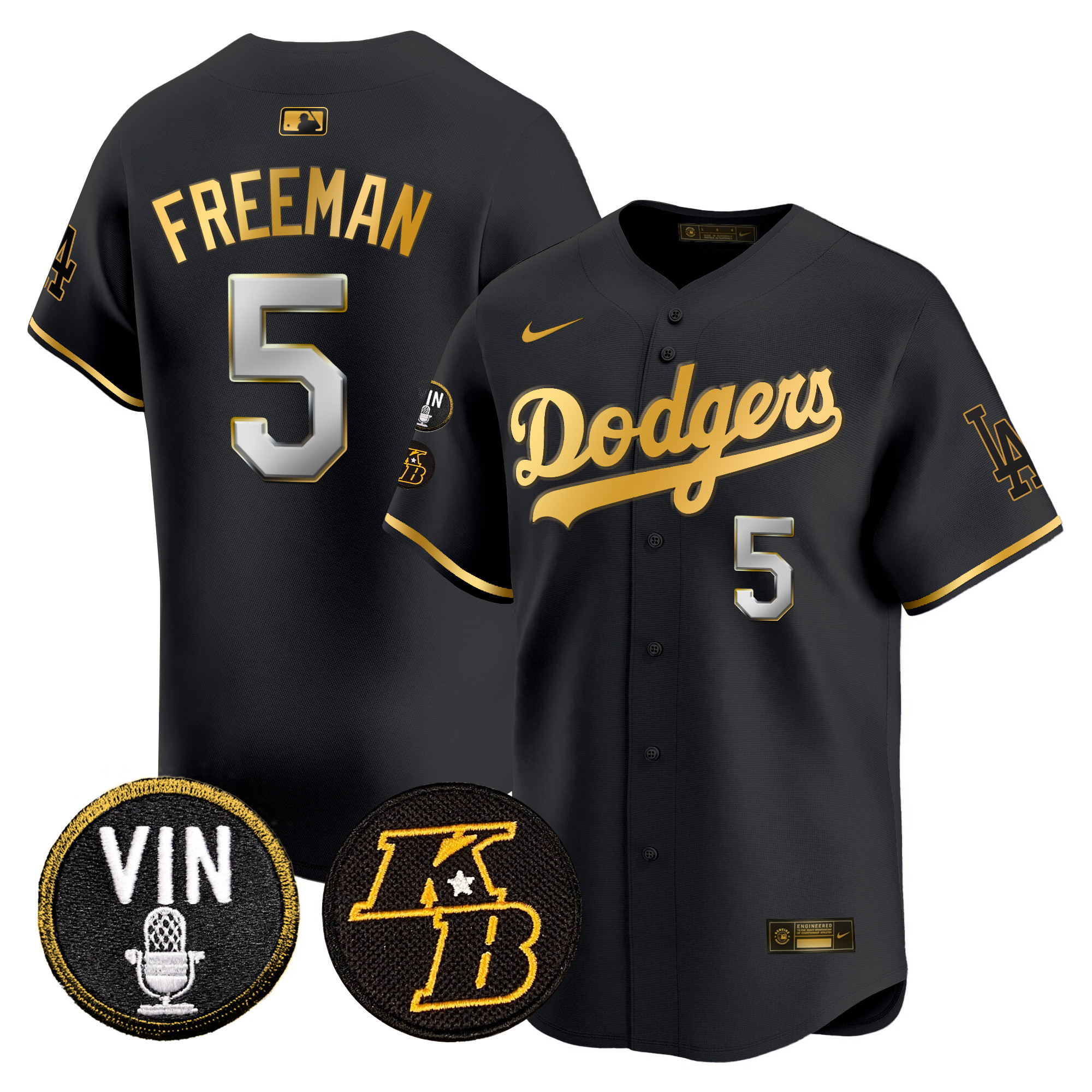 Freddie Freeman Men's Los Angeles Dodgers Vin & Kobe Patch Gold Trim Vapor Premier Limited Black Gold Jersey - All Stitched