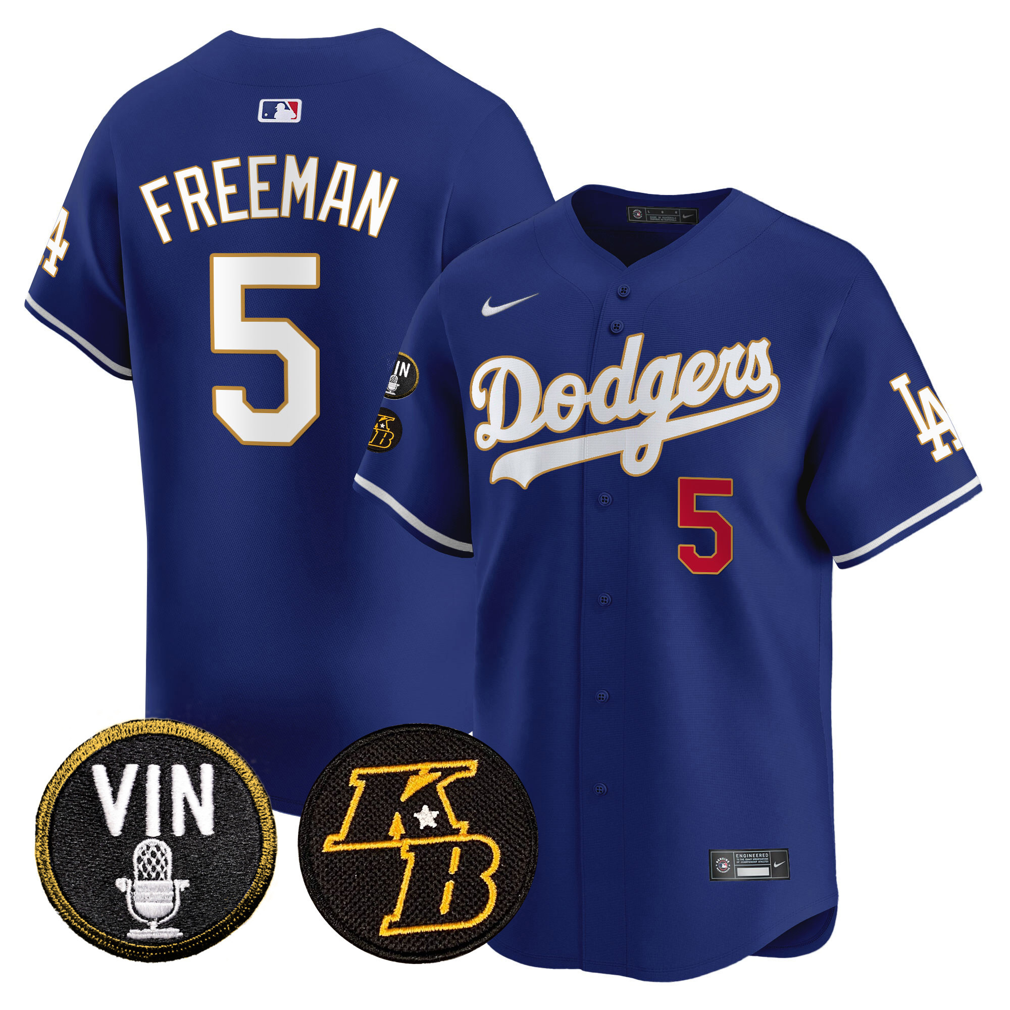 Freddie Freeman Men's Los Angeles Dodgers Vin & Kobe Patch Gold Trim Vapor Premier Limited Royal Jersey - All Stitched