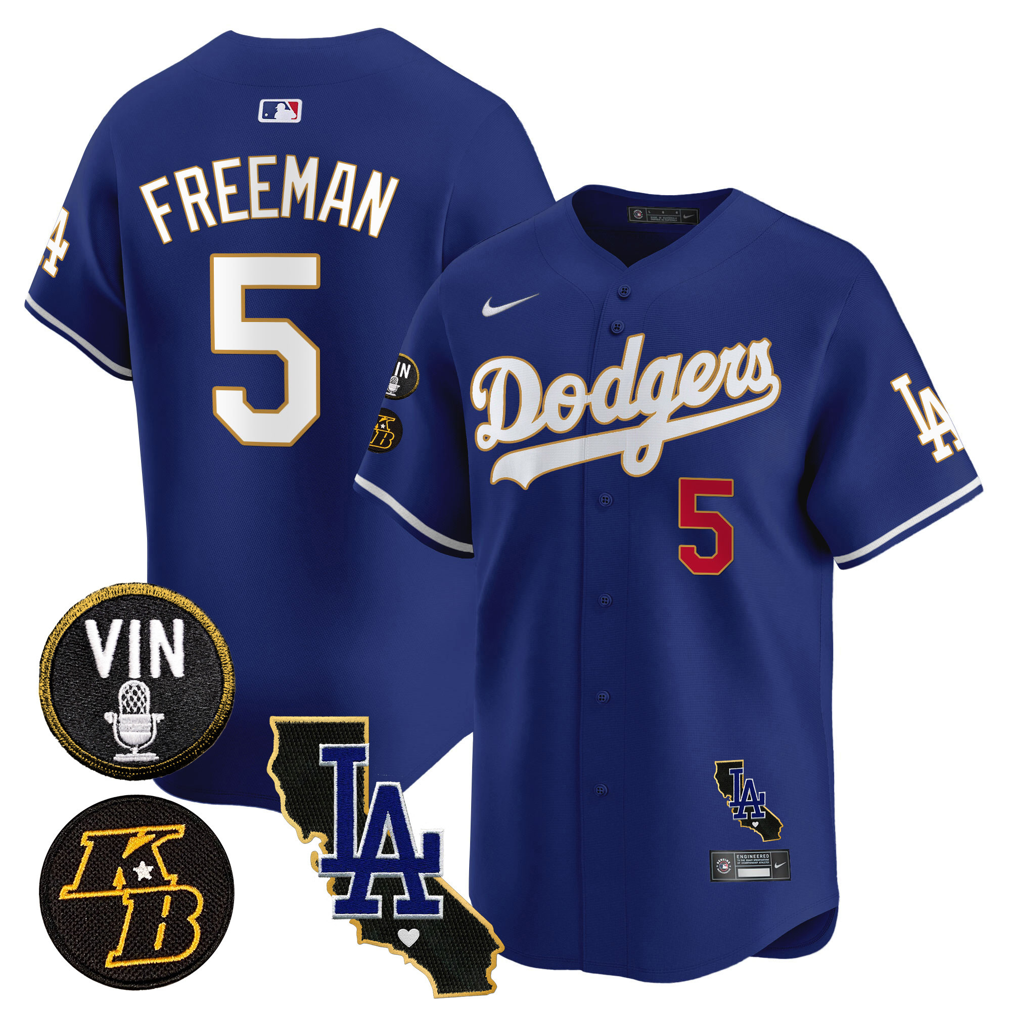 Freddie Freeman Men's Los Angeles Dodgers Vin & Kobe Patch Gold Trim Vapor Premier Limited V2 Royal Jersey - All Stitched