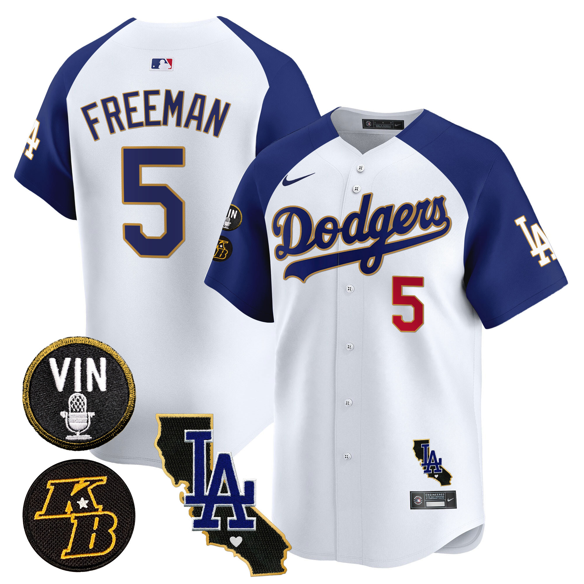 Freddie Freeman Men's Los Angeles Dodgers Vin & Kobe Patch Gold Trim Vapor Premier Limited V2 White Alternate Jersey - All Stitched