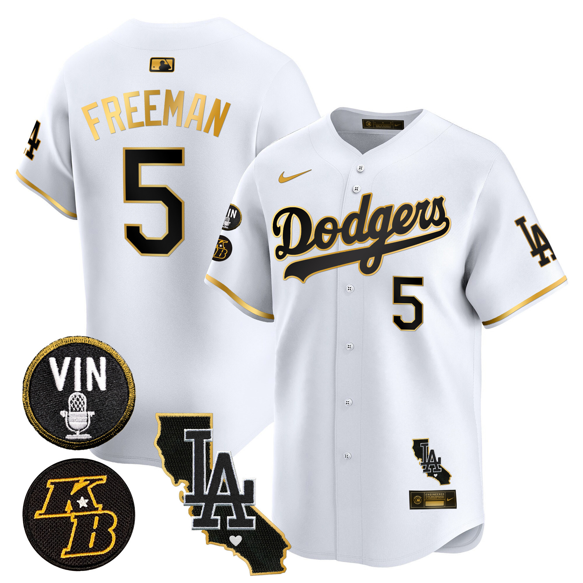 Freddie Freeman Men's Los Angeles Dodgers Vin & Kobe Patch Gold Trim Vapor Premier Limited V2 White Gold Jersey - All Stitched