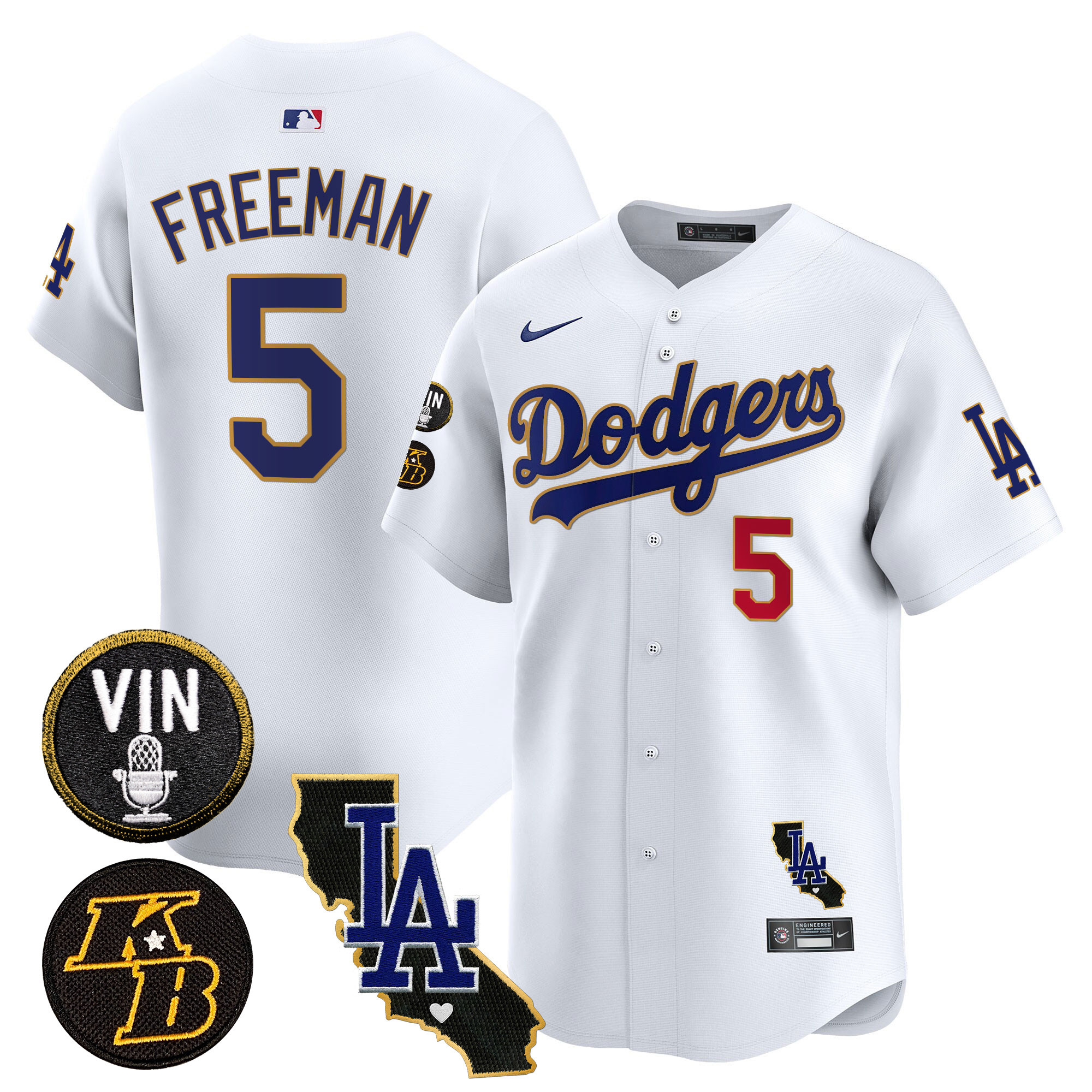 Freddie Freeman Men's Los Angeles Dodgers Vin & Kobe Patch Gold Trim Vapor Premier Limited V2 White Jersey - All Stitched
