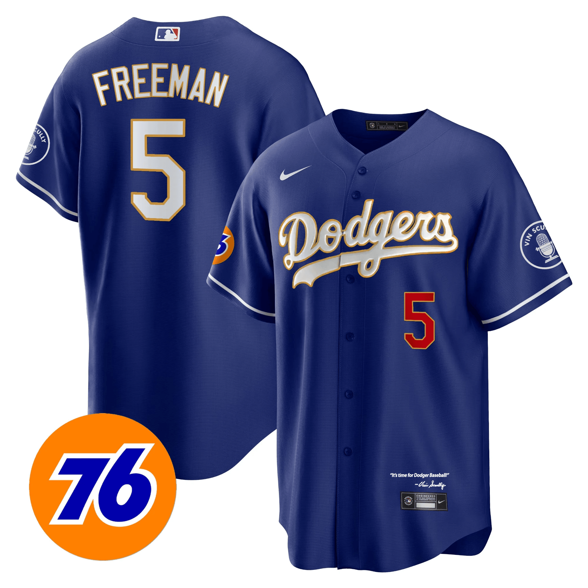 Freddie Freeman Men's Los Angeles Dodgers Vin Scully 76 Patch Gold Trim Player Cool Royal Jersey - All Stitched