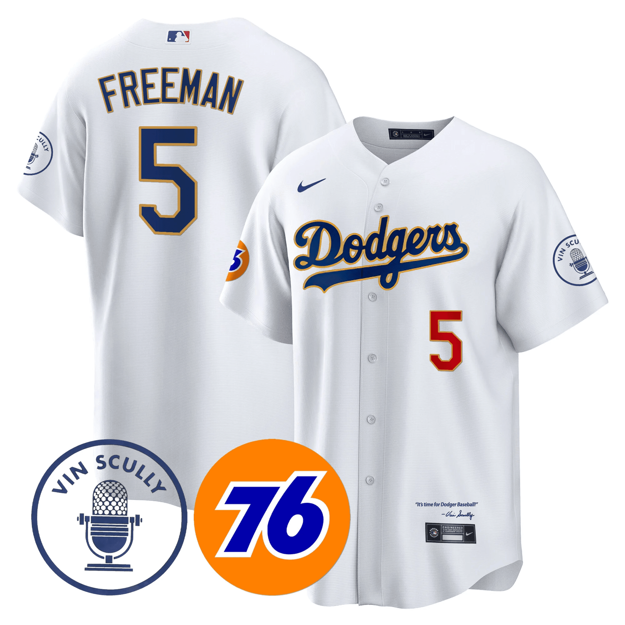 Freddie Freeman Men's Los Angeles Dodgers Vin Scully 76 Patch Gold Trim Player Cool White Jersey - All Stitched