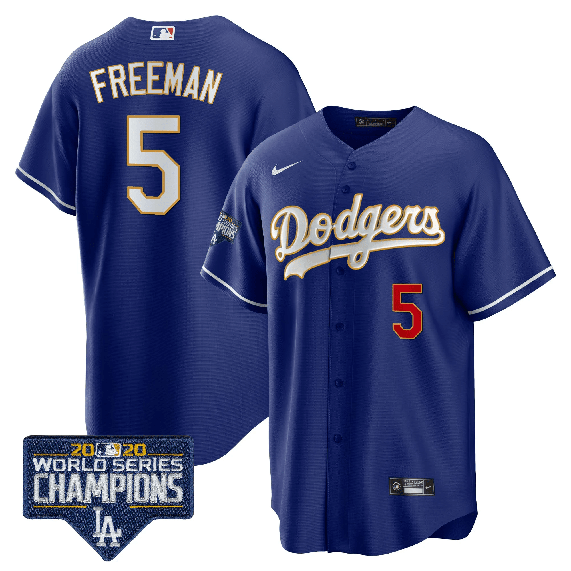 Freddie Freeman Men's Los Angeles Dodgers World Series Champions Patch Cool Base Gold Trim Royal Jersey - All Stitched