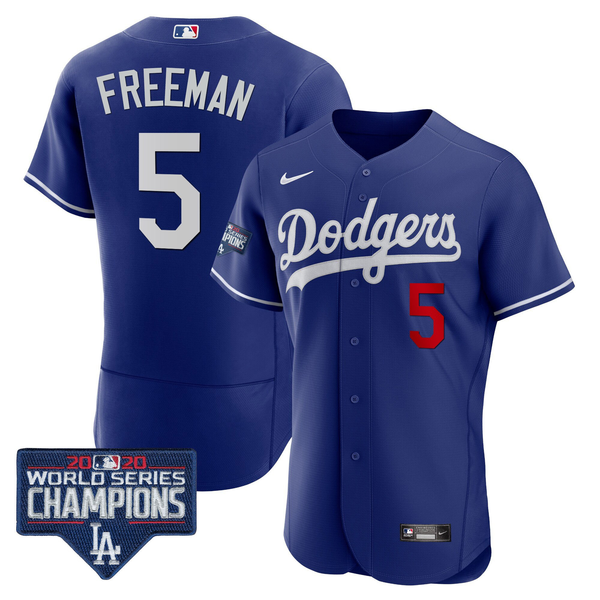 Freddie Freeman Men's Los Angeles Dodgers World Series Champions Patch Flex Base Royal Jersey - All Stitched