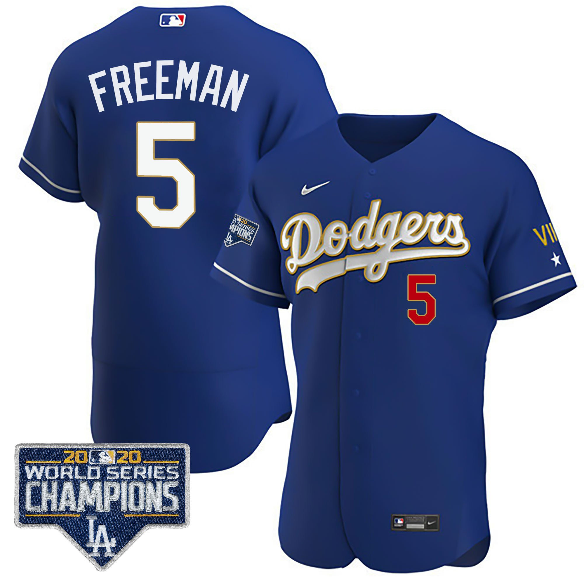 Freddie Freeman Men's Los Angeles Dodgers World Series Patch Gold Limited Flex Royal Jersey - All Stitched