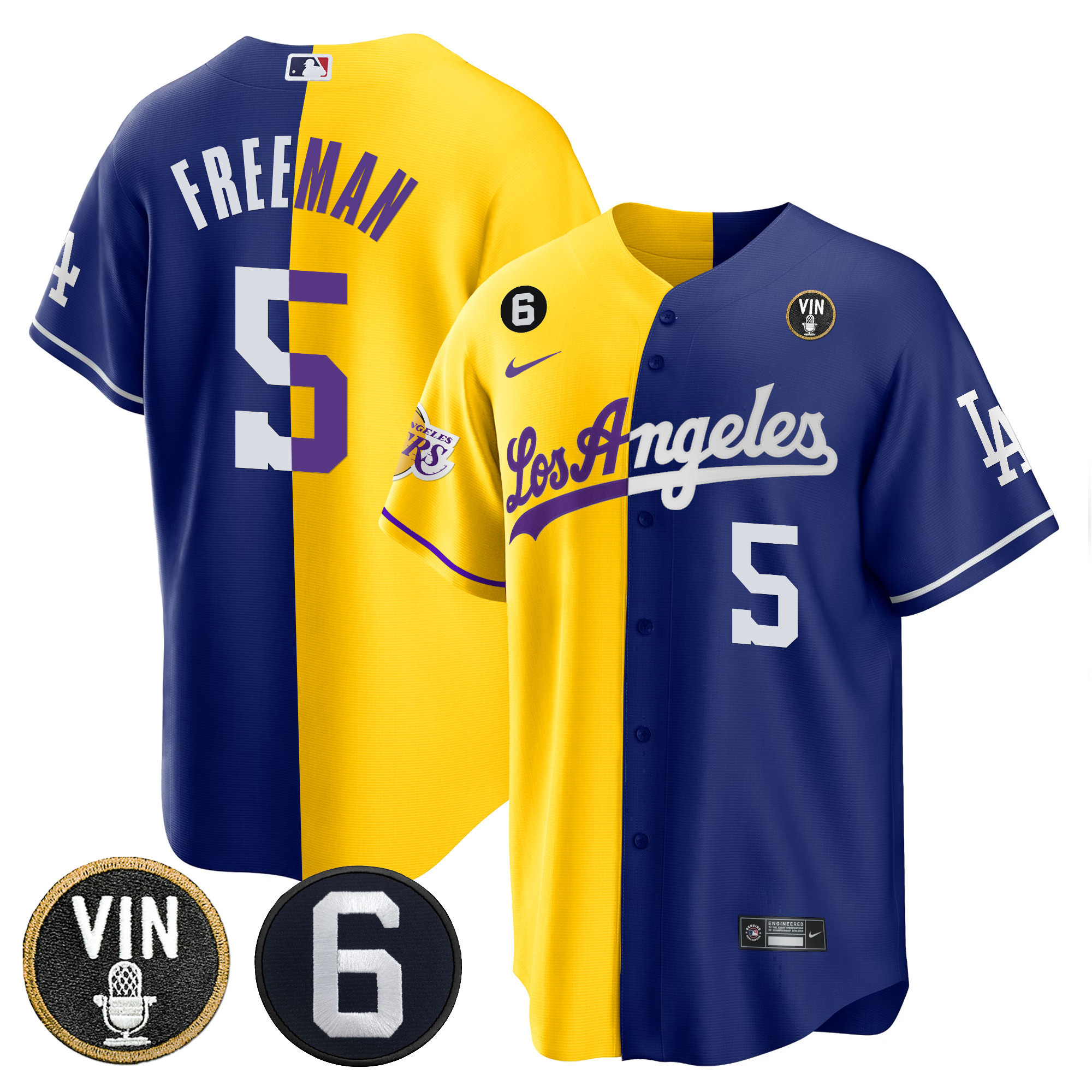 Freddie Freeman Men's Split Los Angeles Dodgers - Lakers Cool Base Gold Royal Jersey - All Stitched