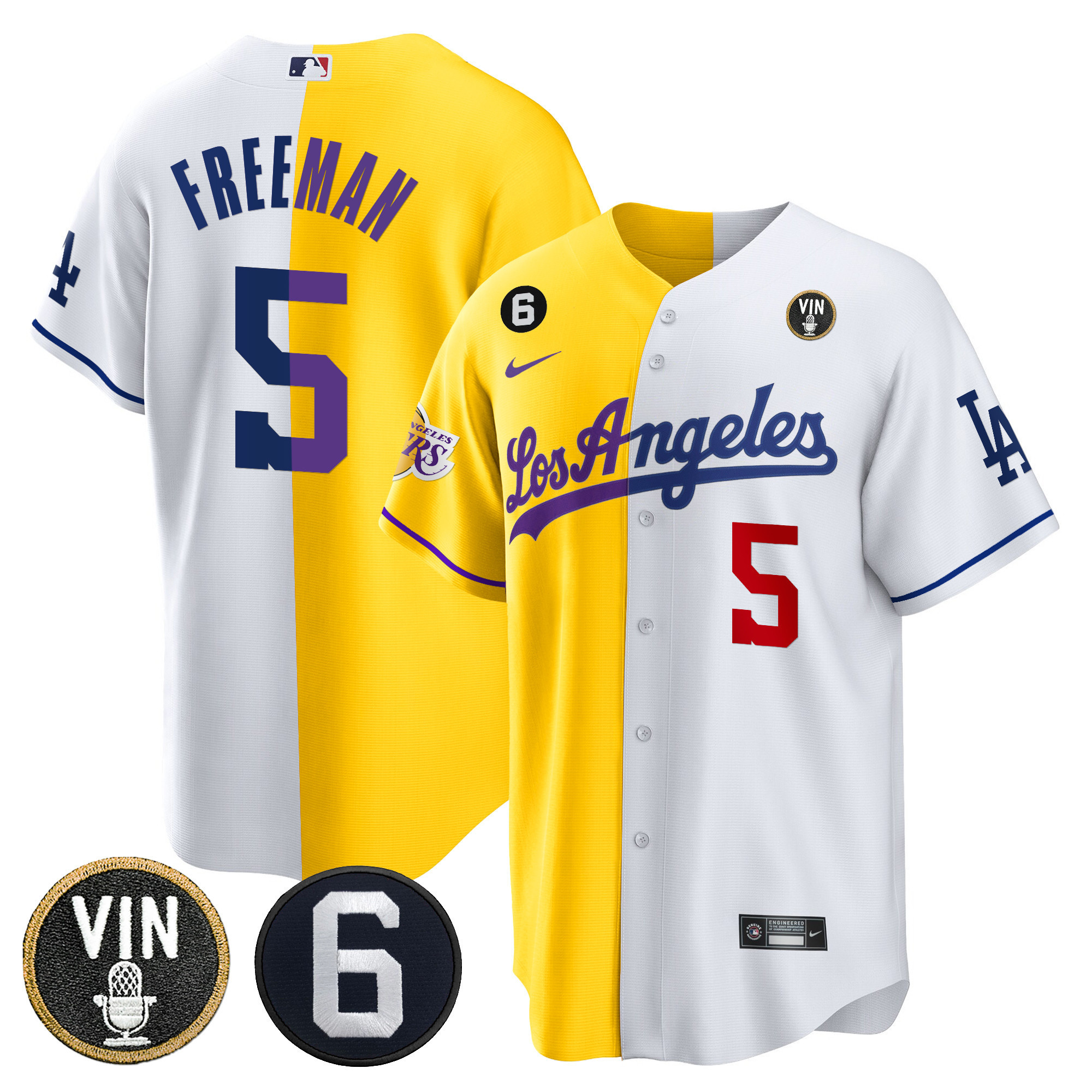 Freddie Freeman Men's Split Los Angeles Dodgers - Lakers Cool Base Gold White Jersey - All Stitched