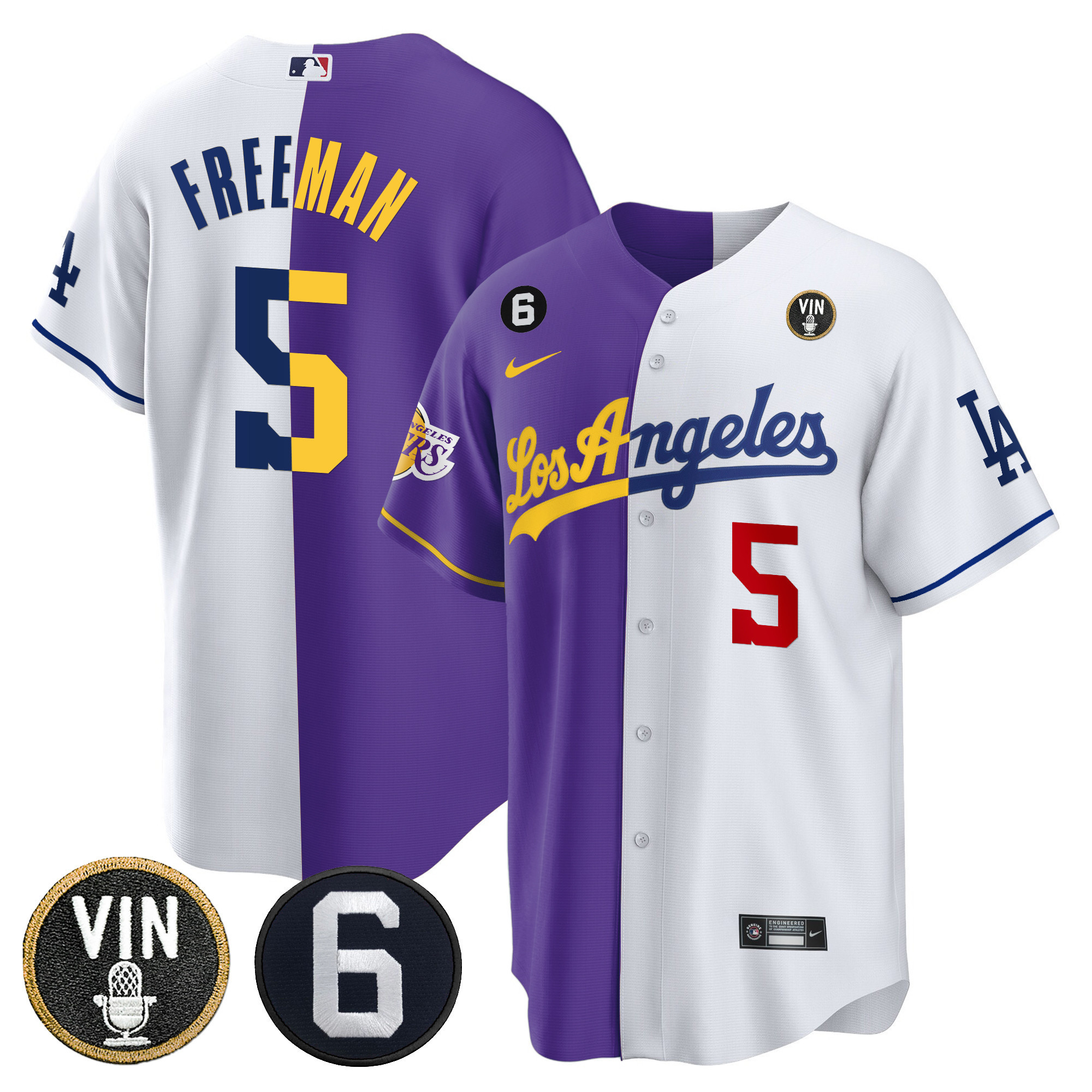 Freddie Freeman Men's Split Los Angeles Dodgers - Lakers Cool Base Purple White Jersey - All Stitched