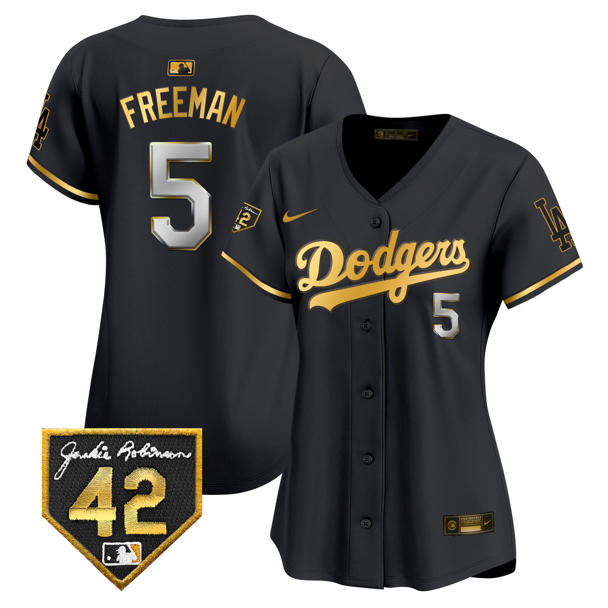 Freddie Freeman Women's Los Angeles Dodgers 2024 Jackie Robinson Patch Vapor Premier Limited Black Gold Jersey - All Stitched