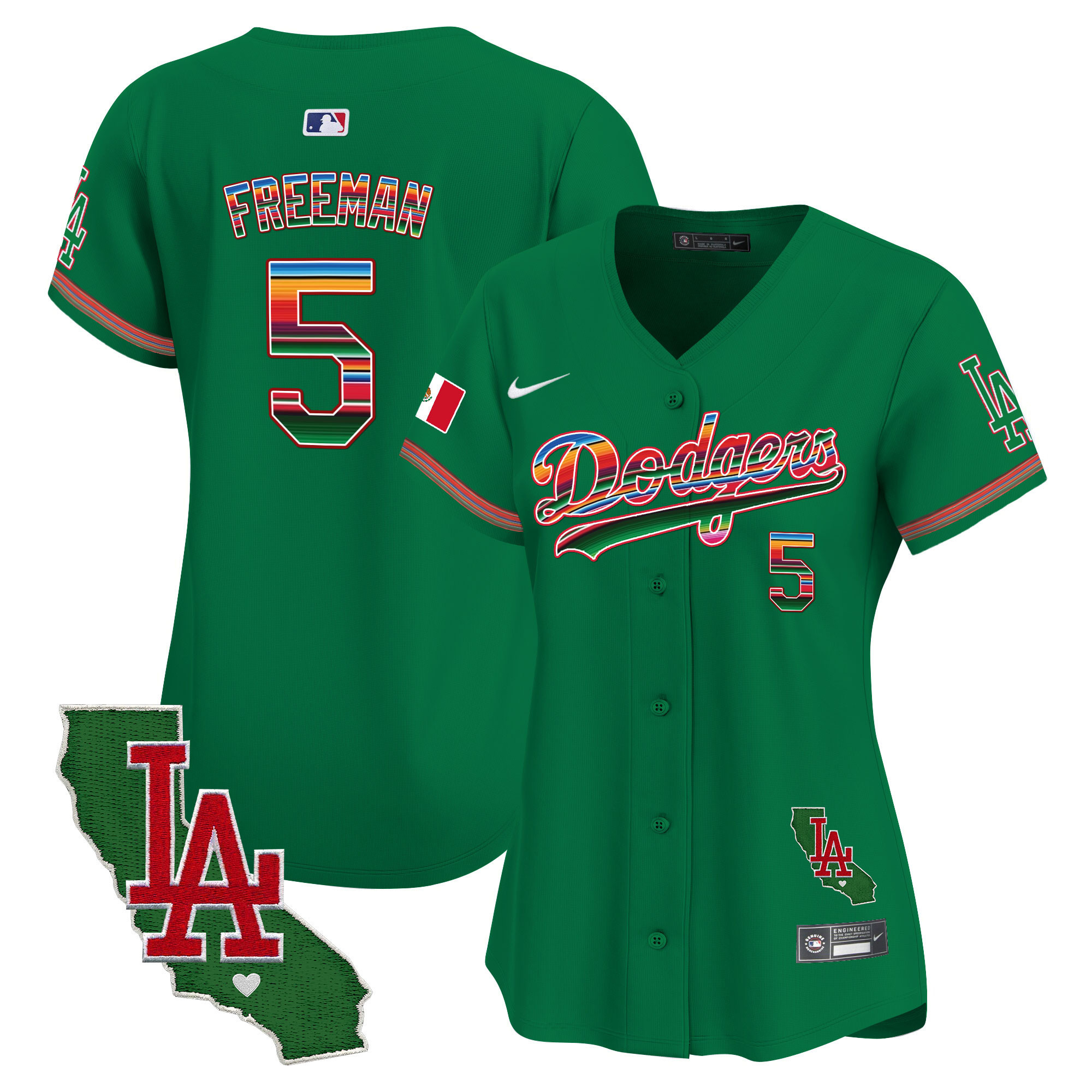 Freddie Freeman Women's Los Angeles Dodgers Mexico California Patch Vapor Premier Limited V2 Green Jersey - All Stitched