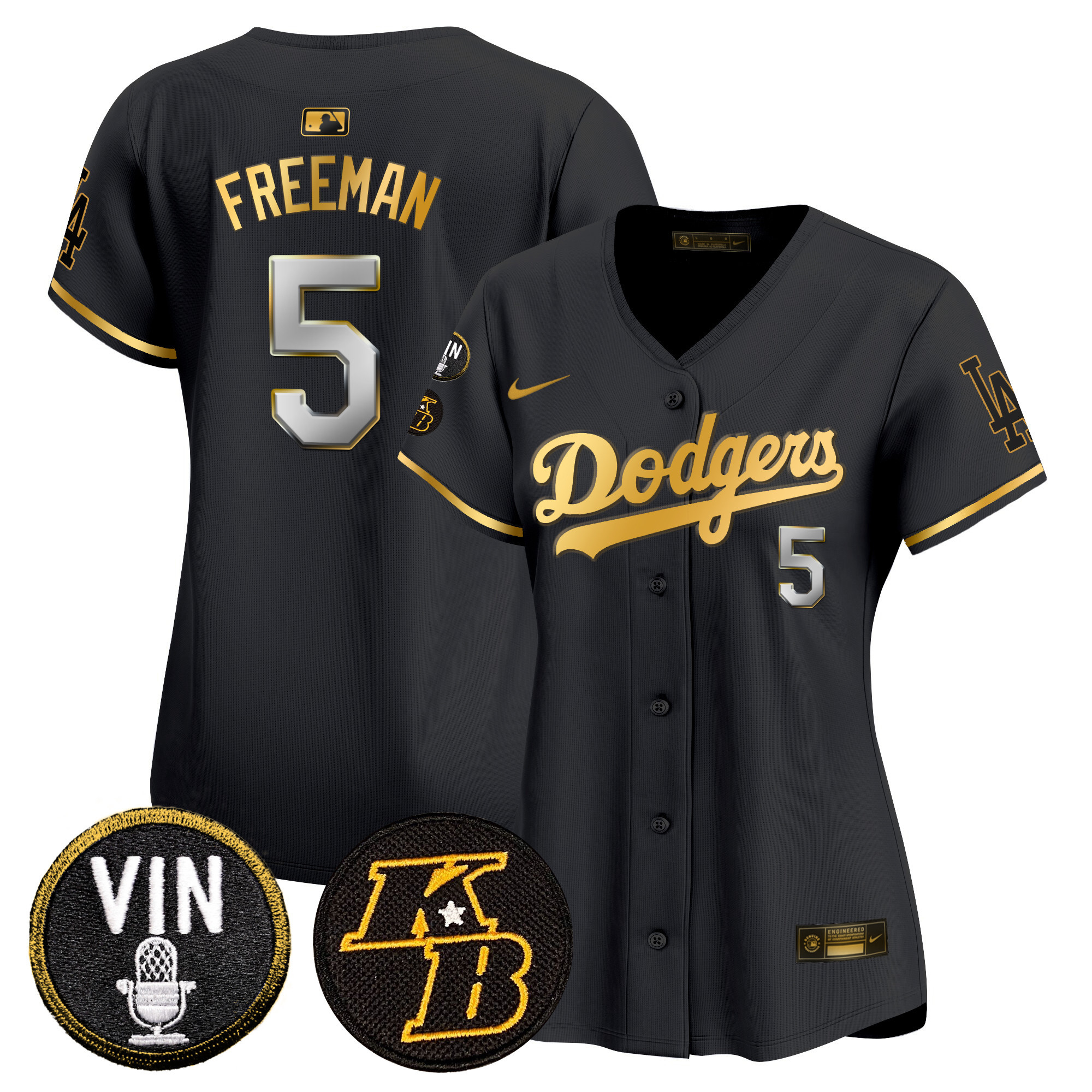 Freddie Freeman Women's Los Angeles Dodgers Vin & Kobe Patch Gold Trim Vapor Premier Limited Black Gold Jersey - All Stitched