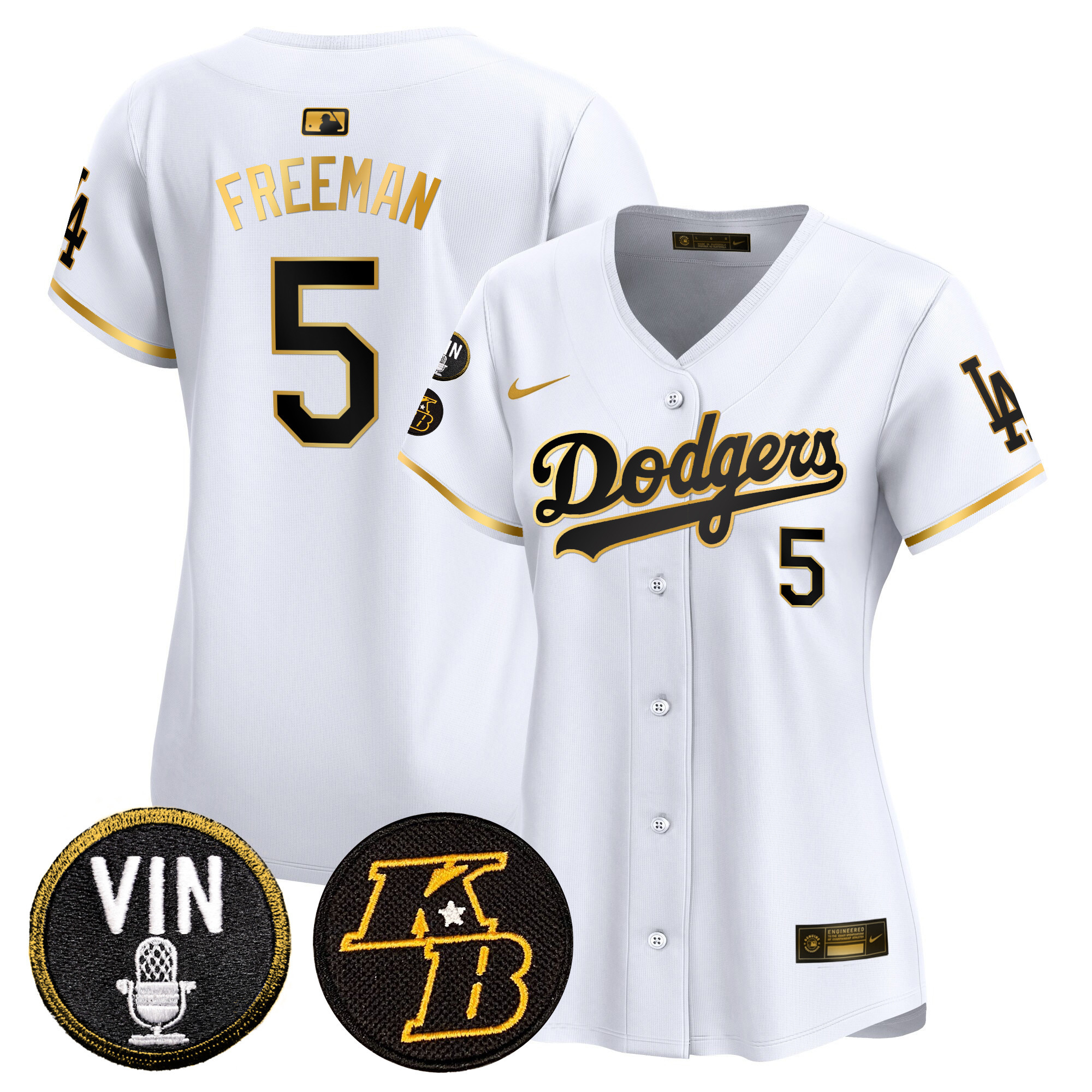 Freddie Freeman Women's Los Angeles Dodgers Vin & Kobe Patch Gold Trim Vapor Premier Limited White Gold Jersey - All Stitched