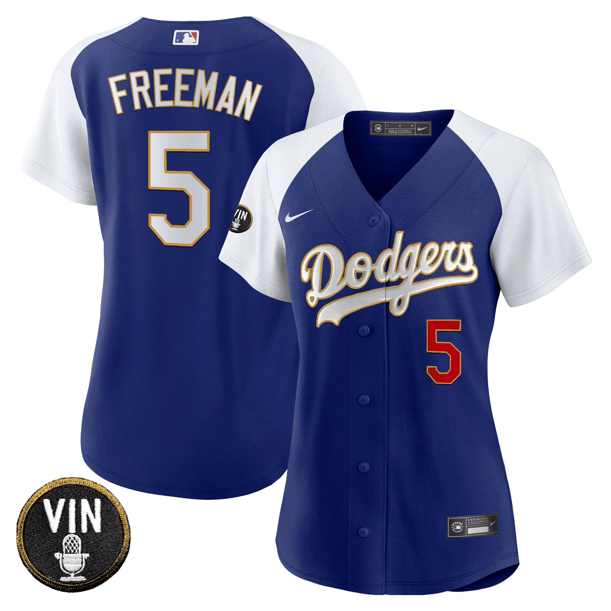 Freddie Freeman Women's Los Angeles Dodgers Vin Scully Patch Gold Trim Alternate Royal Jersey - All Stitched