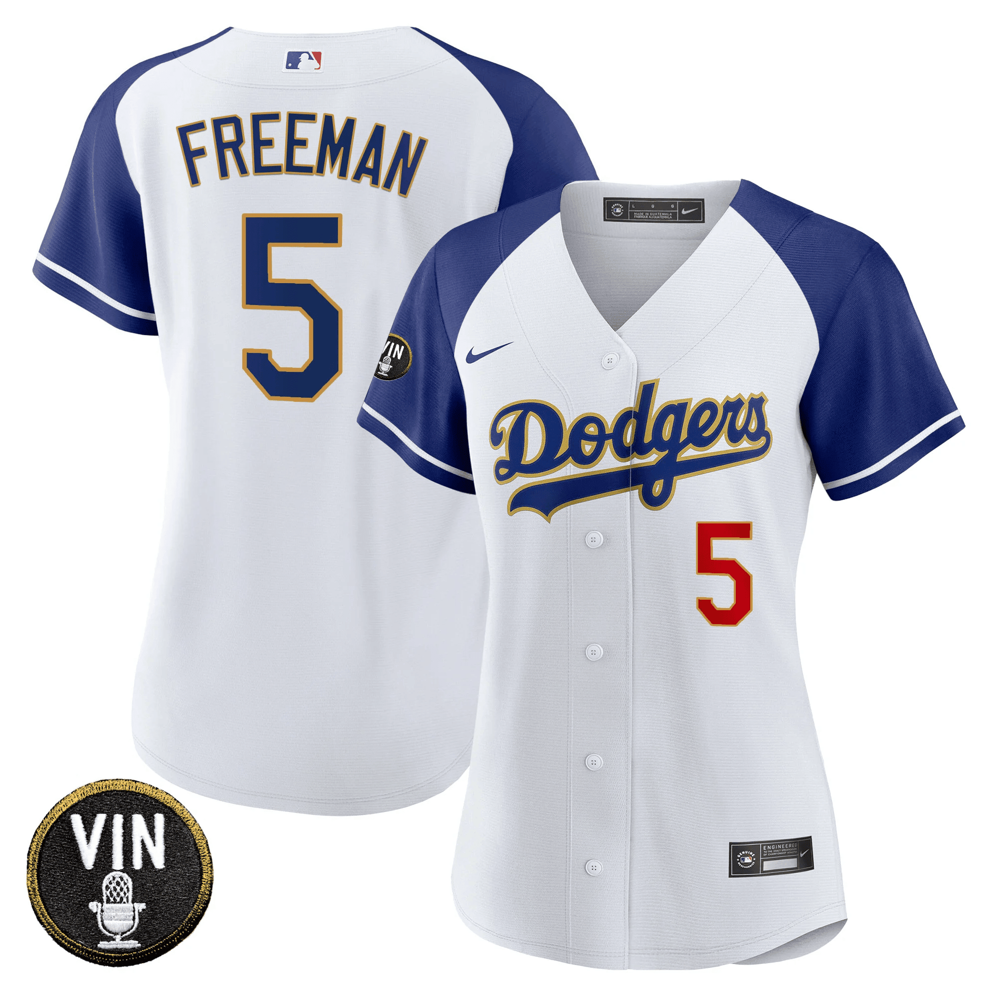 Freddie Freeman Women's Los Angeles Dodgers Vin Scully Patch Gold Trim Alternate White Jersey - All Stitched