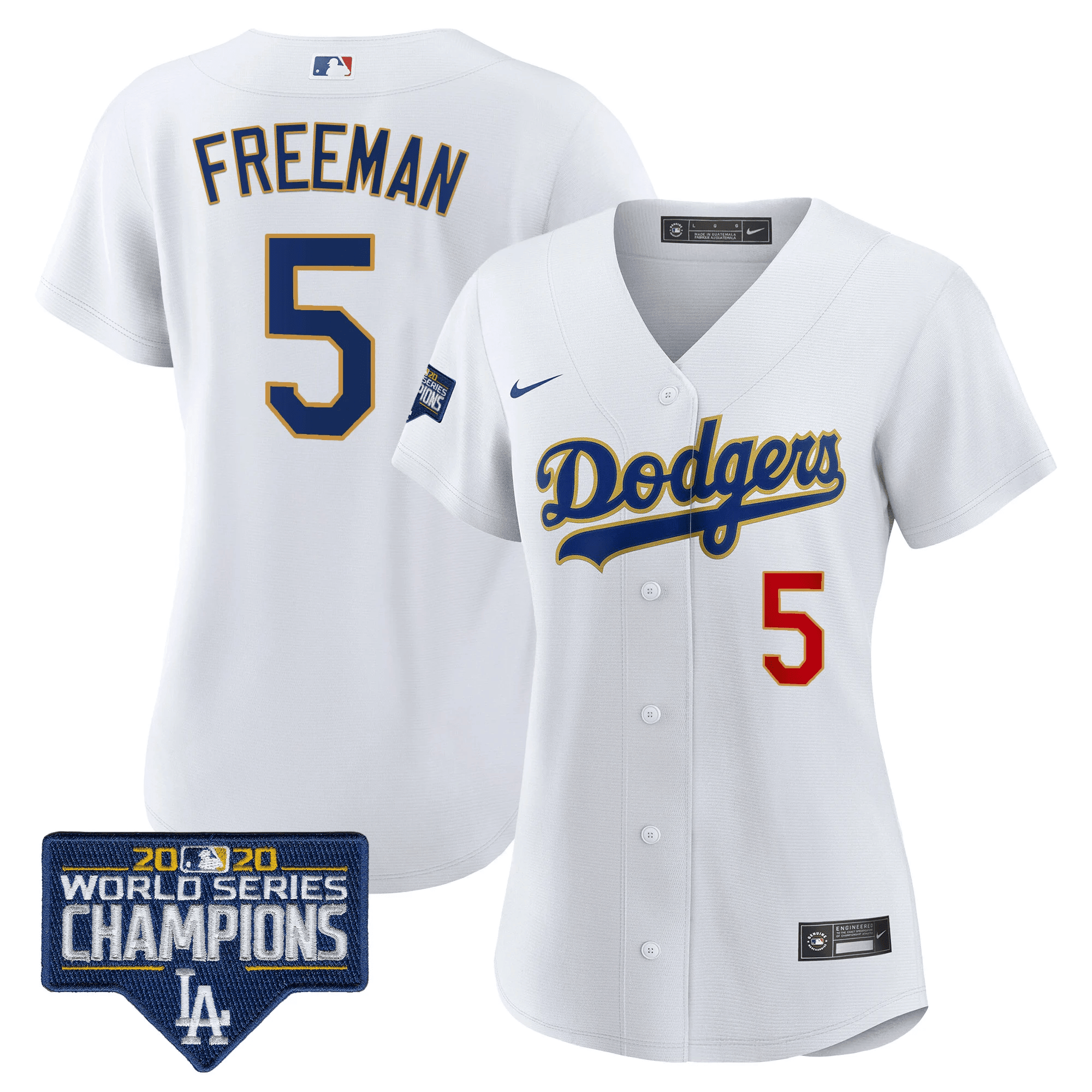 Freddie Freeman Women's Los Angeles Dodgers World Series Champions Patch Gold Trim White Jersey - All Stitched