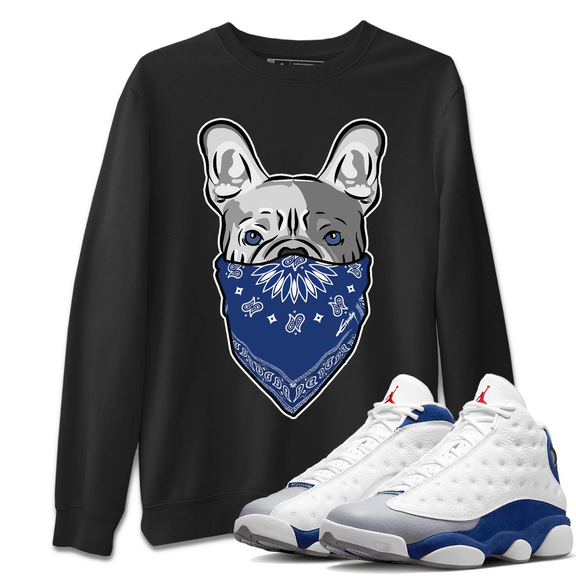 French Bulldog Bandana Unisex Sweater – Air Jordan 13 French Blue, Sneakers Matching Sweater