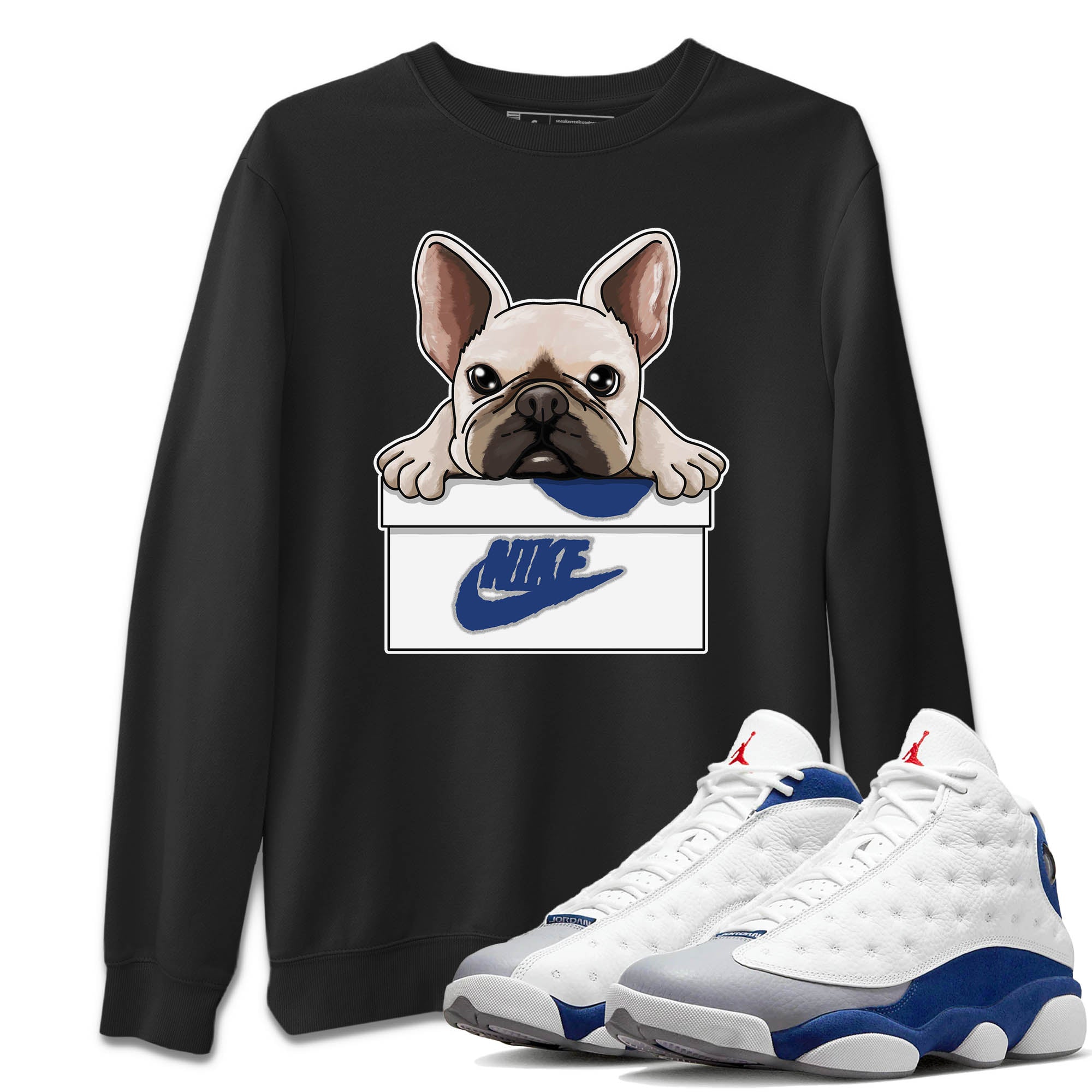 French Bulldog Unisex Sweater – Air Jordan 13 French Blue, Sneakers Matching Sweater