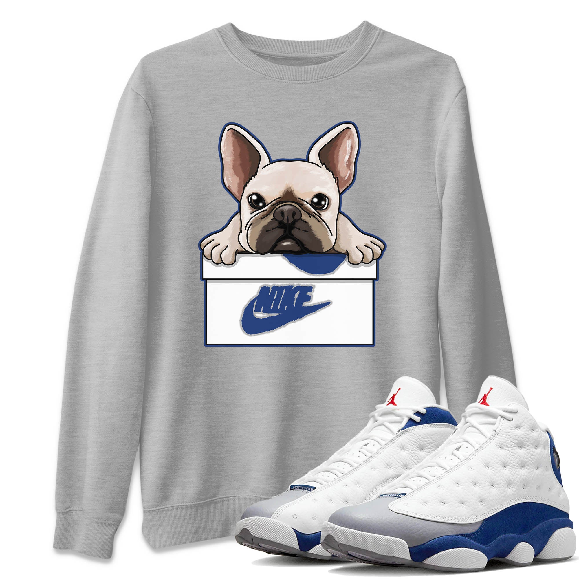 French Bulldog Unisex Sweater – Air Jordan 13 French Blue, Sneakers Matching Sweater