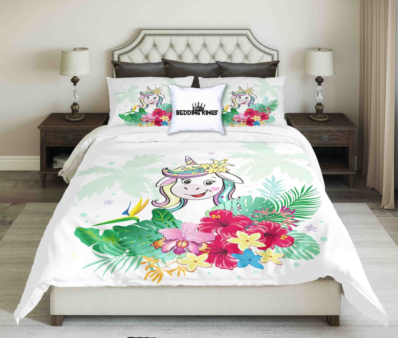 Funny Unicorn On Tropical Background Design Kings 3D Customized Duvet Cover Bedding Set