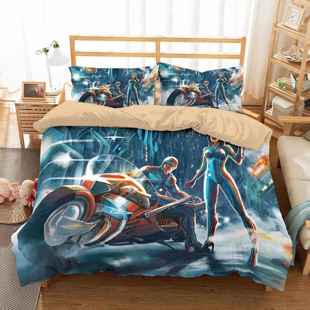 Futuristic Warrior Girl And Boy With Bike 3D Customized Duvet Cover Bedding Set