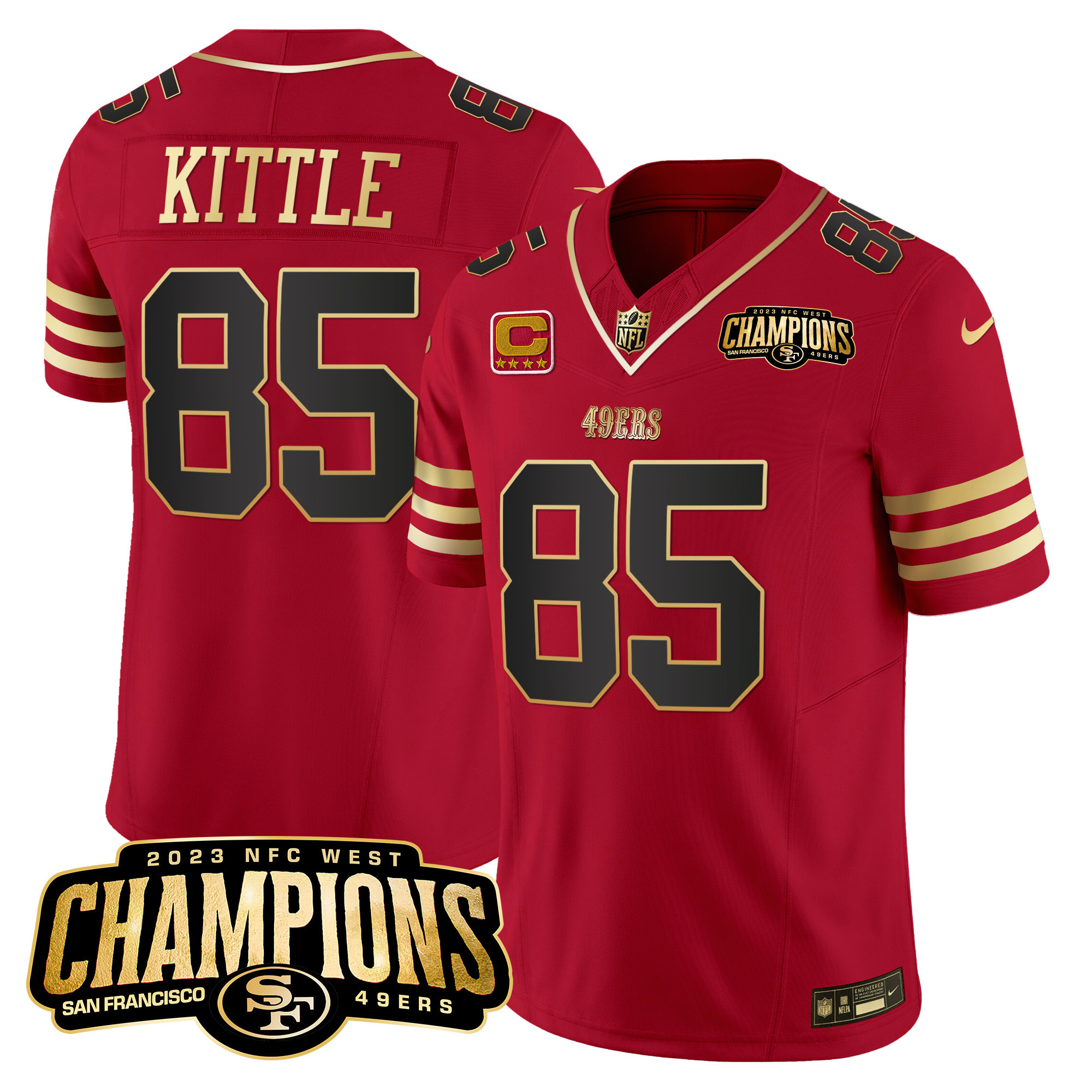 George Kittle Men's San Francisco 49ers 2023 NFC West Champions Patch Vapor Black Scarlet Jersey - All Stitched 