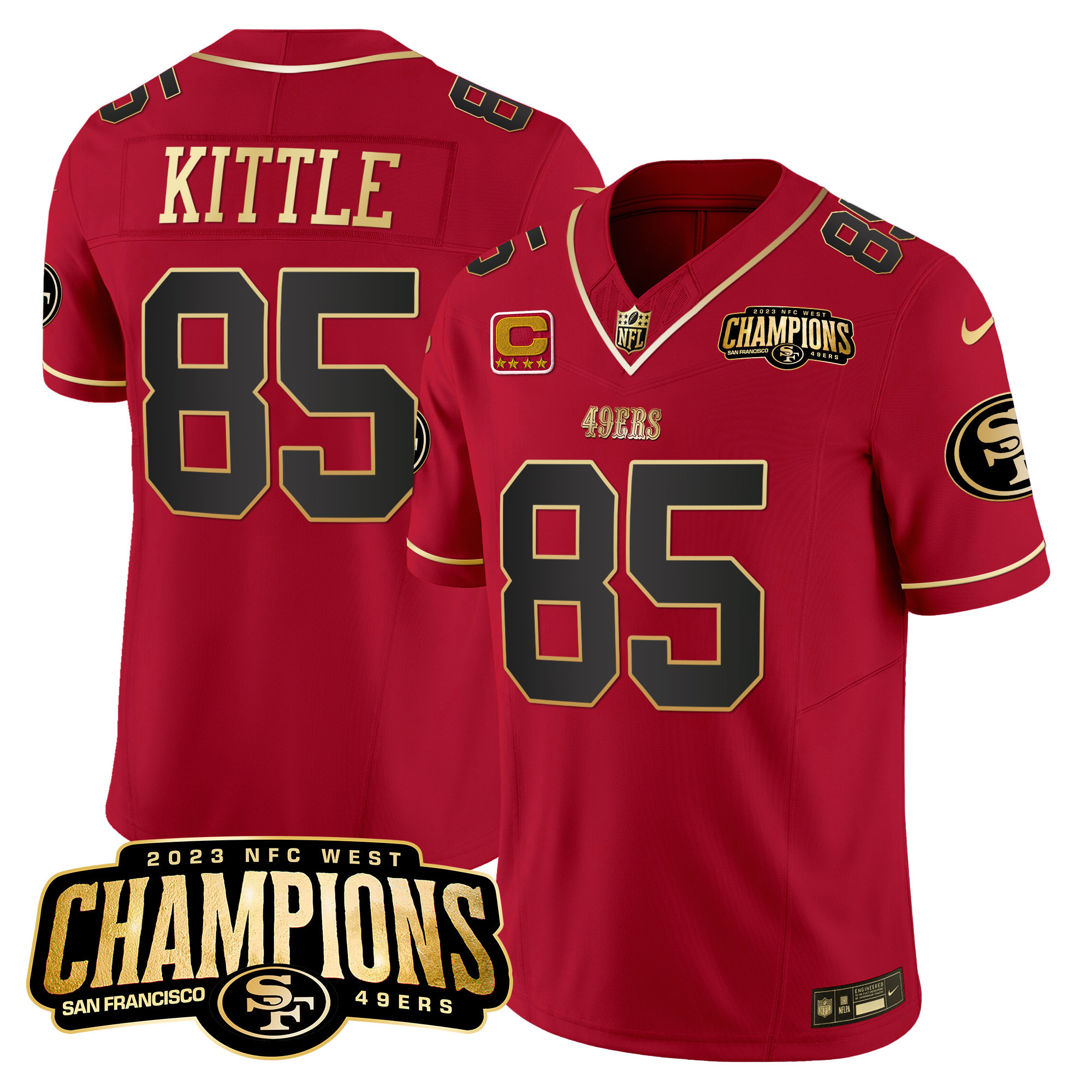 George Kittle Men's San Francisco 49ers 2023 NFC West Champions Patch Vapor Scarlet Limited Jersey - All Stitched 