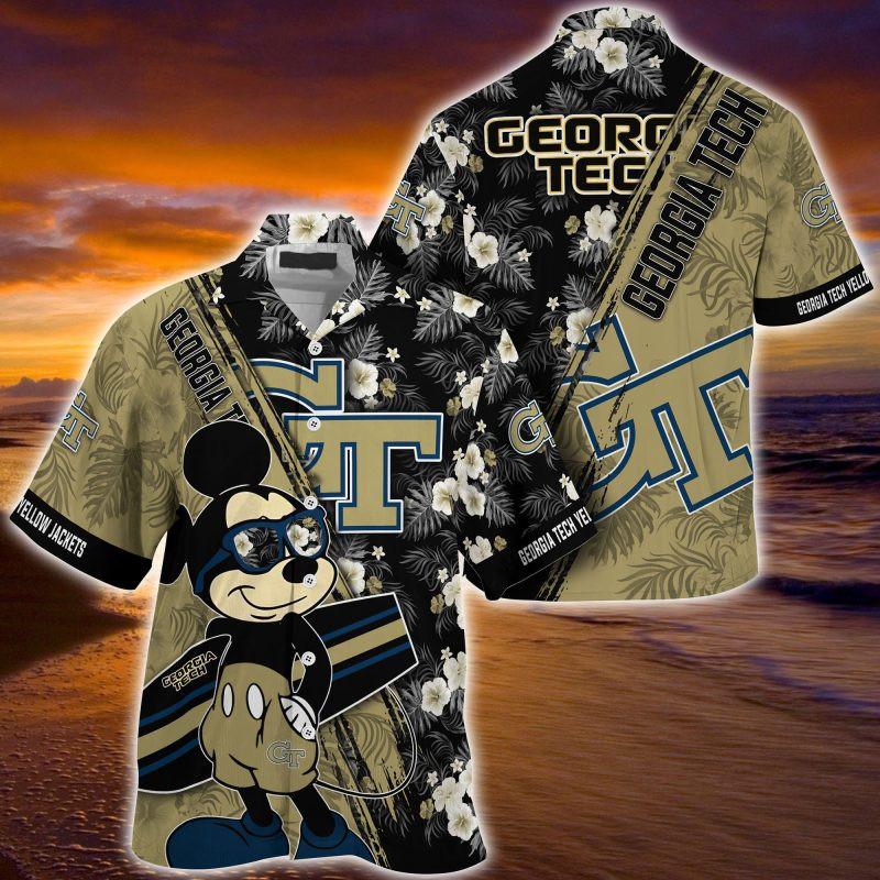 Georgia Tech Yellow Jackets NCAA Summer Hawaiian Shirt Mickey And Floral Pattern