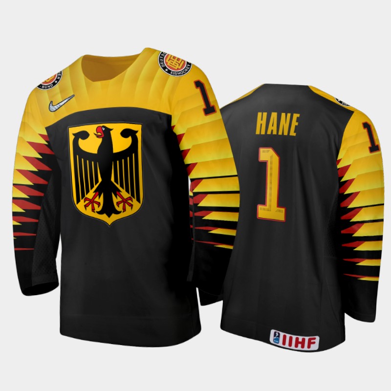 Germany Hendrik Hane #1 2020 IIHF World Junior Ice Black Away Jersey