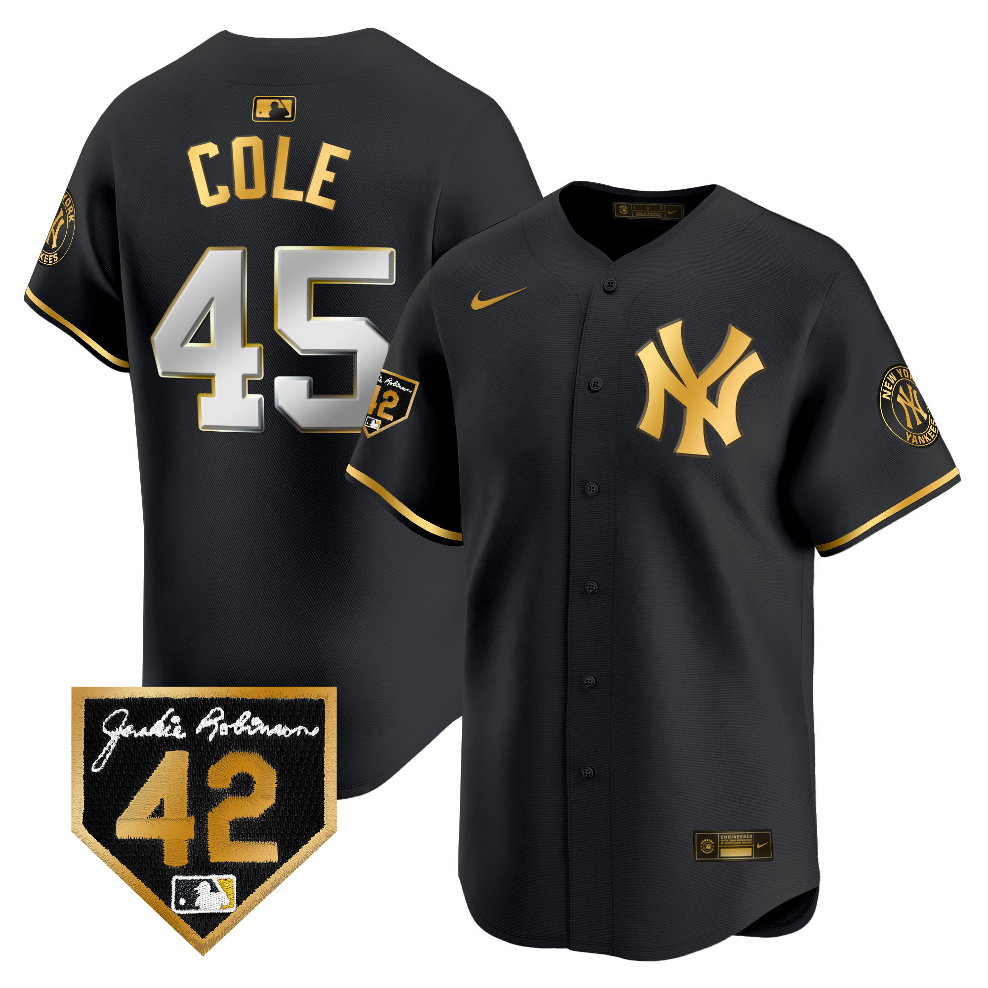 Gerrit Cole Men's New York Yankees 2024 Jackie Robinson Patch Vapor Premier Limited Black Gold Jersey - All Stitched