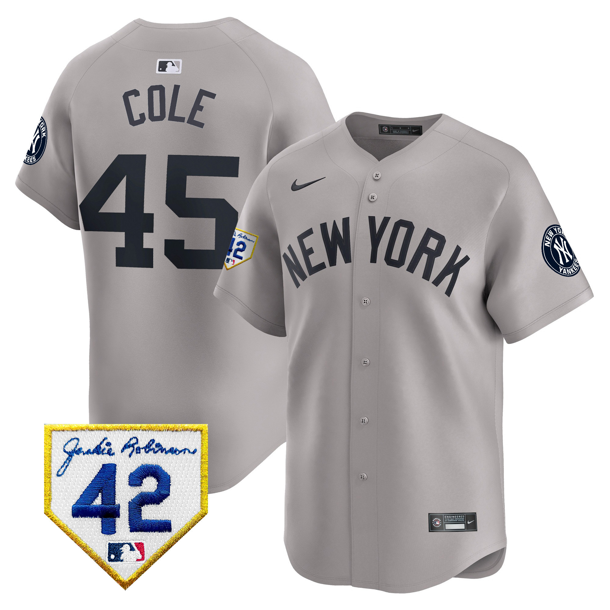 Gerrit Cole Men's New York Yankees 2024 Jackie Robinson Patch Vapor Premier Limited Gray Jersey - All Stitched