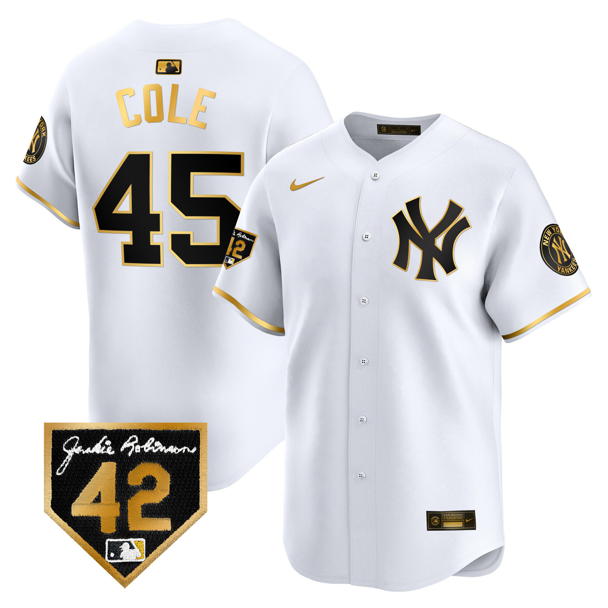 Gerrit Cole Men's New York Yankees 2024 Jackie Robinson Patch Vapor Premier Limited White Gold Jersey - All Stitched